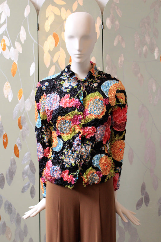 Early 2000s Black And Multicoloured Bubble Shrink Shirt, Medium
