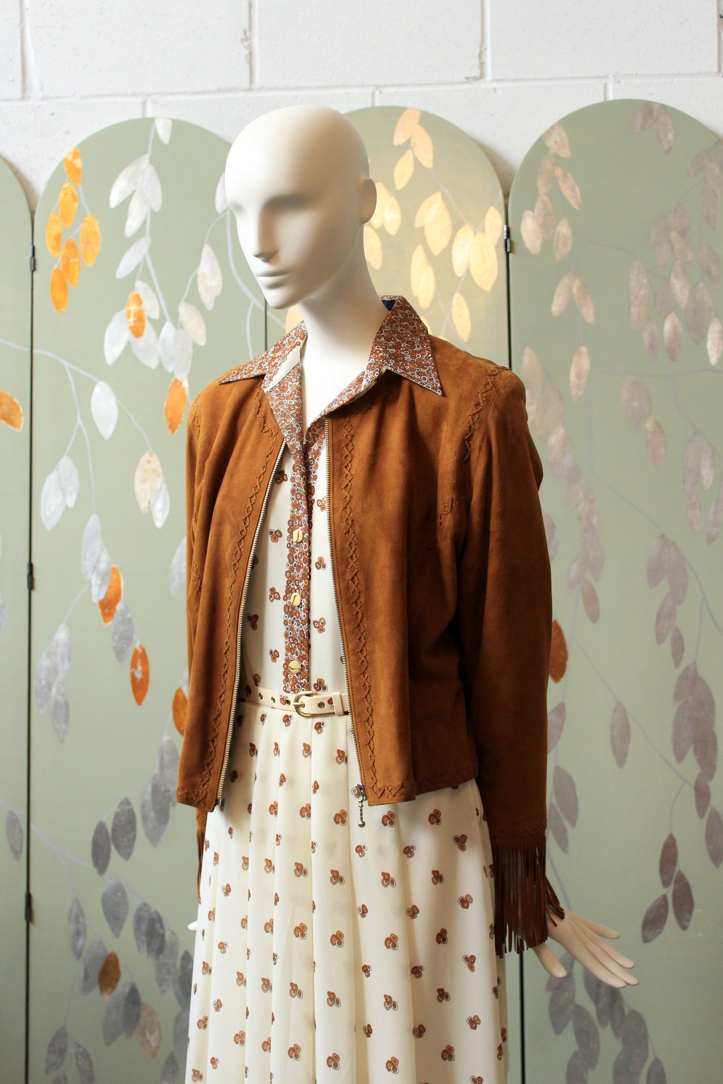 2010s Suede Tan Jacket With Fringe On Sleeves, Large