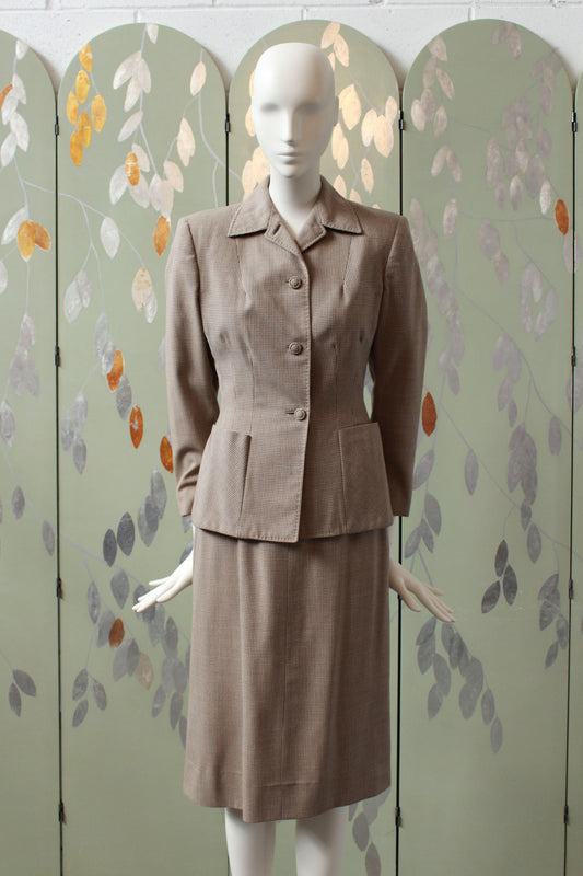 Vintage 1950s Wool Beige Houndstooth Skirt Suit Set, XS