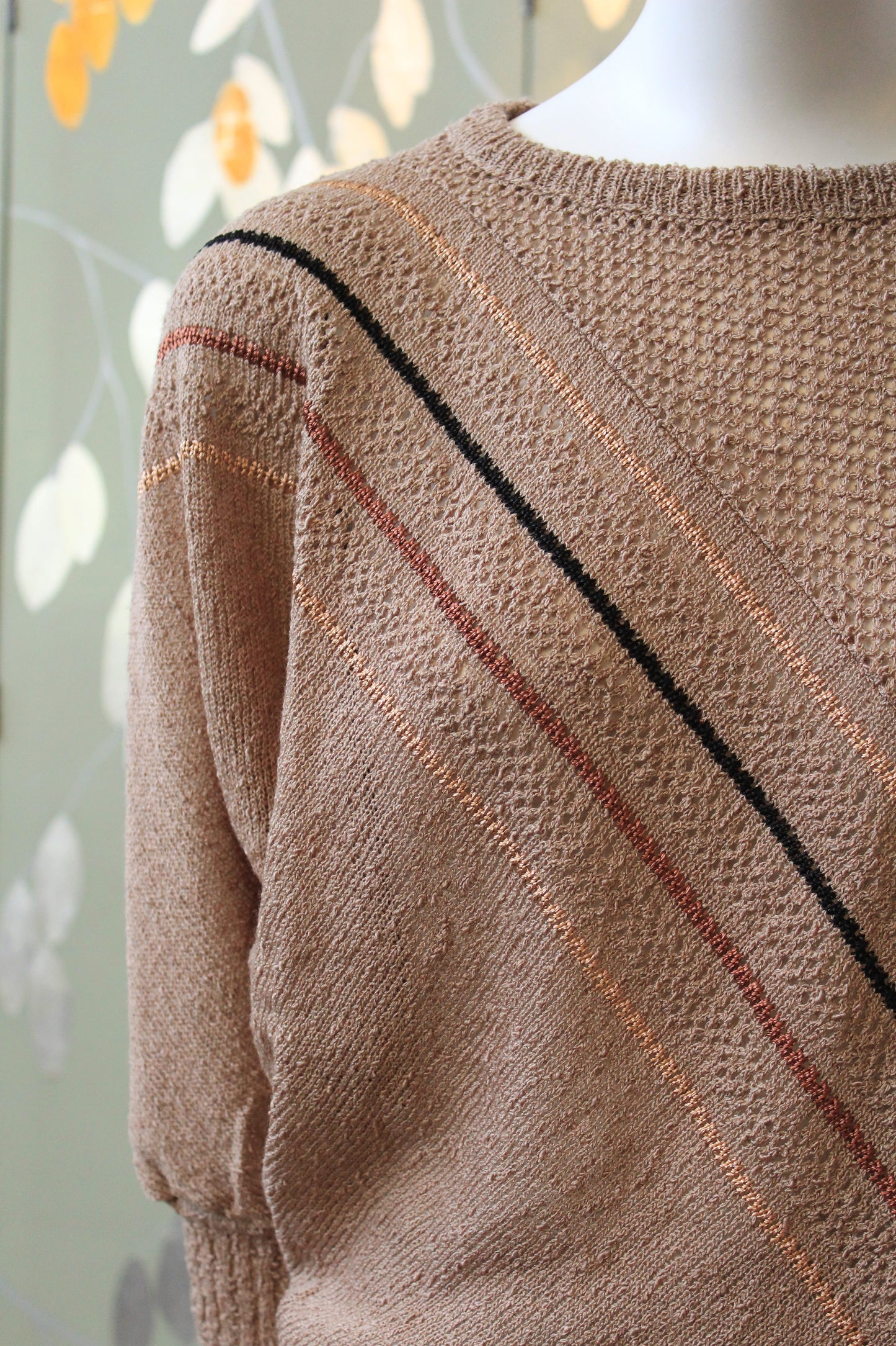 1980s Brown Diagonal Stripe Deadstock 3/4 Sleeve Taupe Knit Top, Small