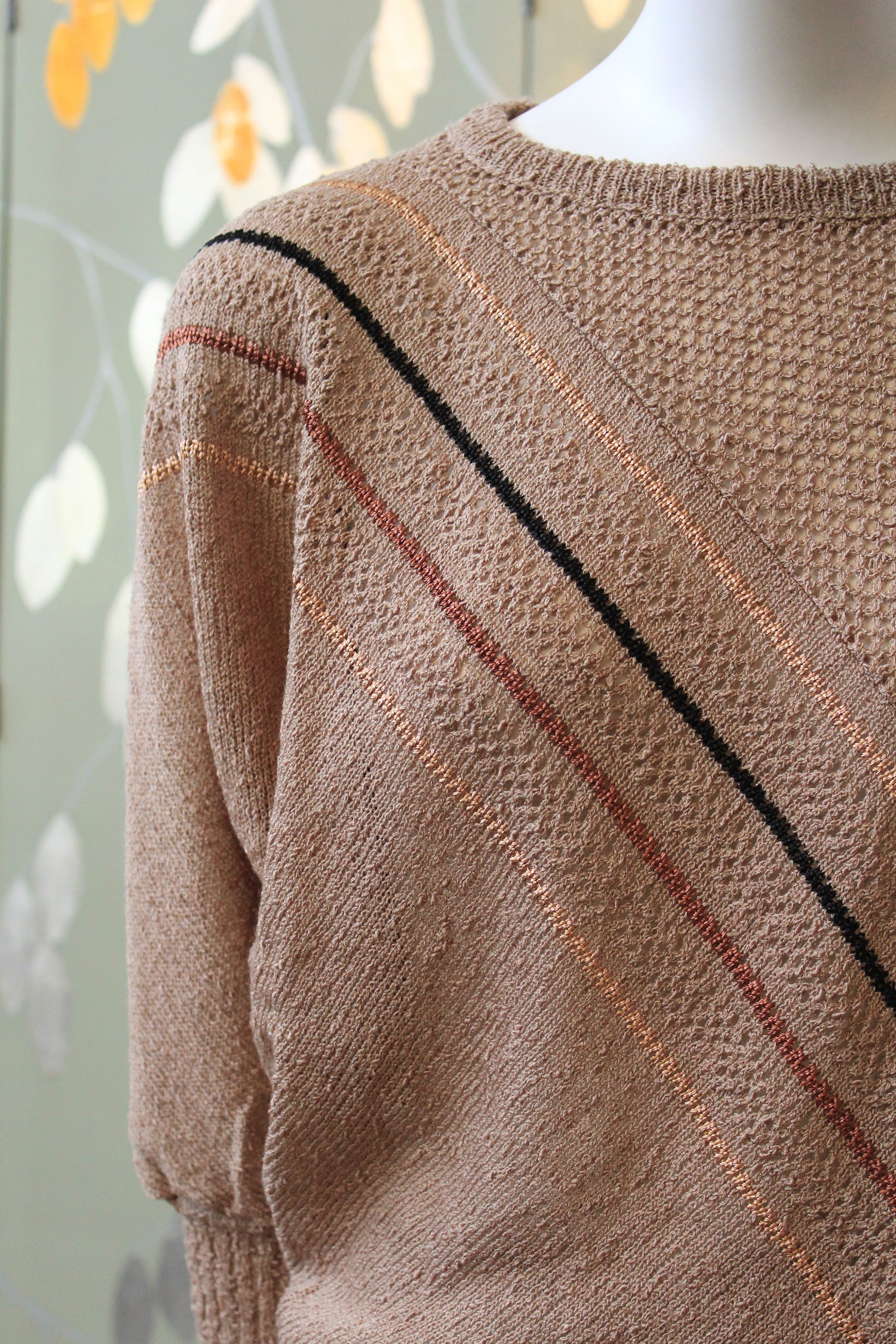 1980s Brown Diagonal Stripe Deadstock 3/4 Sleeve Taupe Knit Top, Small