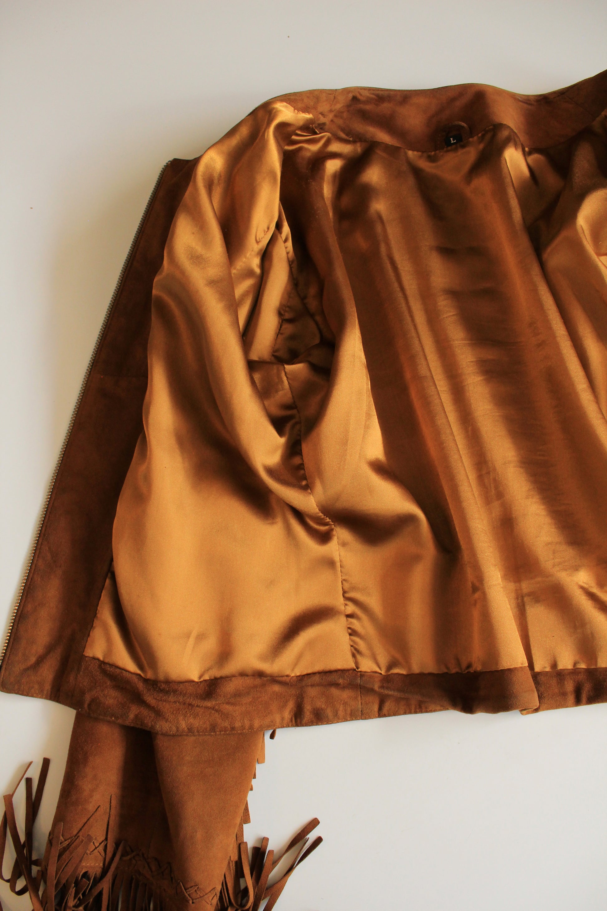 2010s Suede Tan Jacket With Fringe On Sleeves, Large
