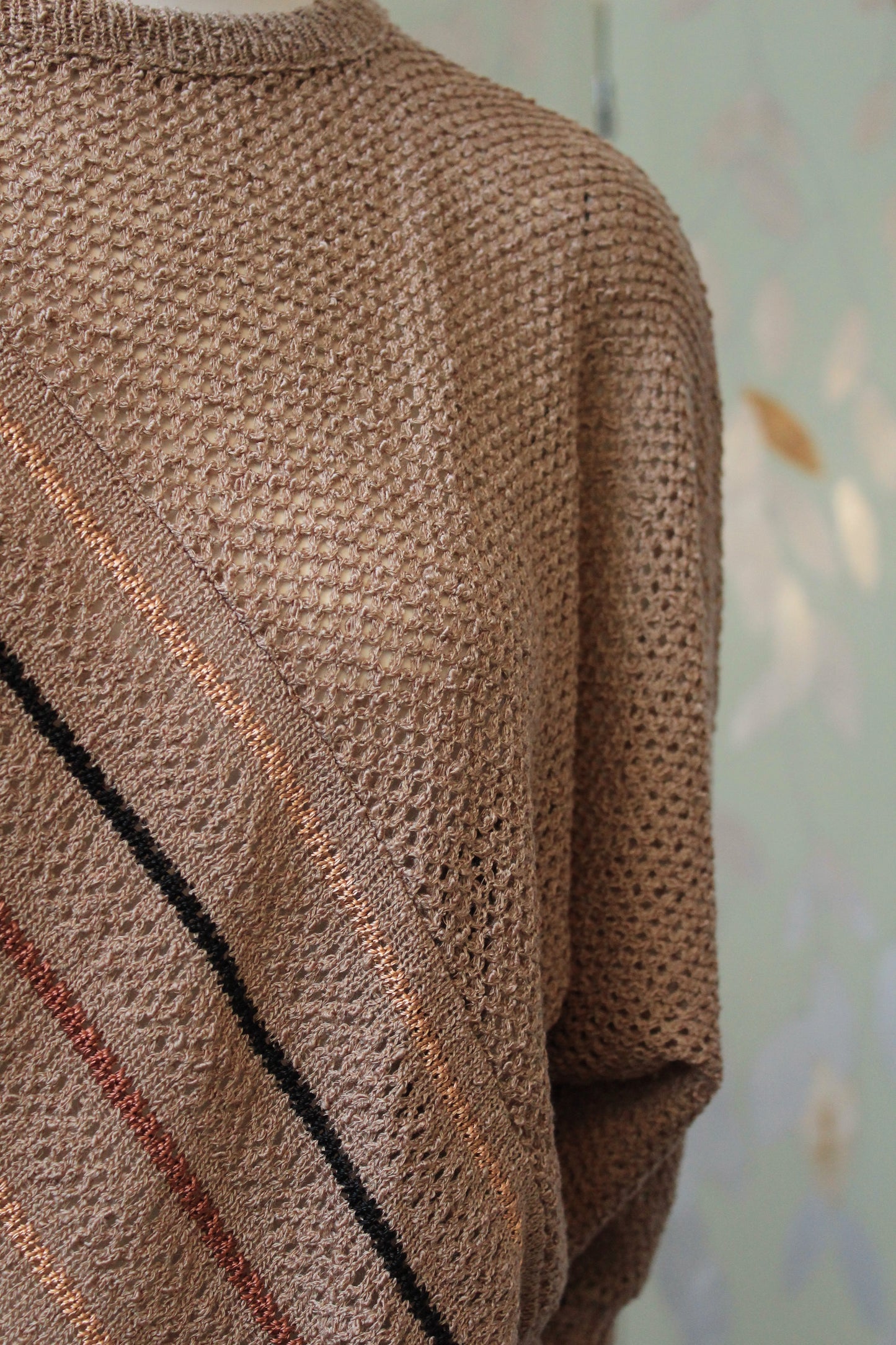 1980s Brown Diagonal Stripe Deadstock 3/4 Sleeve Taupe Knit Top, Small