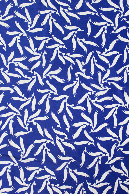 1940s Blue With White Falling Leaves Summer Rayon Sewing Fabric, 4 Yards