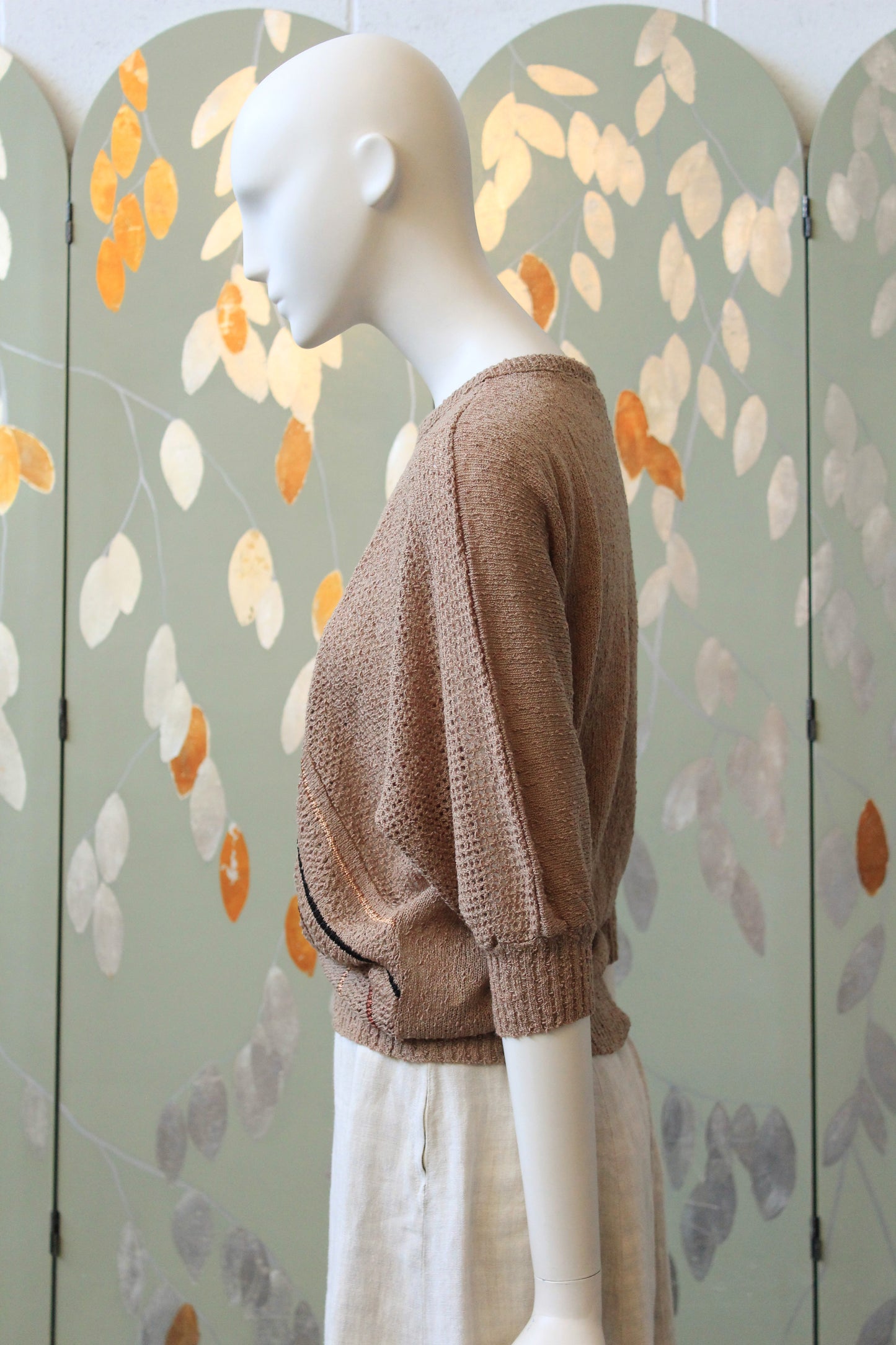 1980s Brown Diagonal Stripe Deadstock 3/4 Sleeve Taupe Knit Top, Small