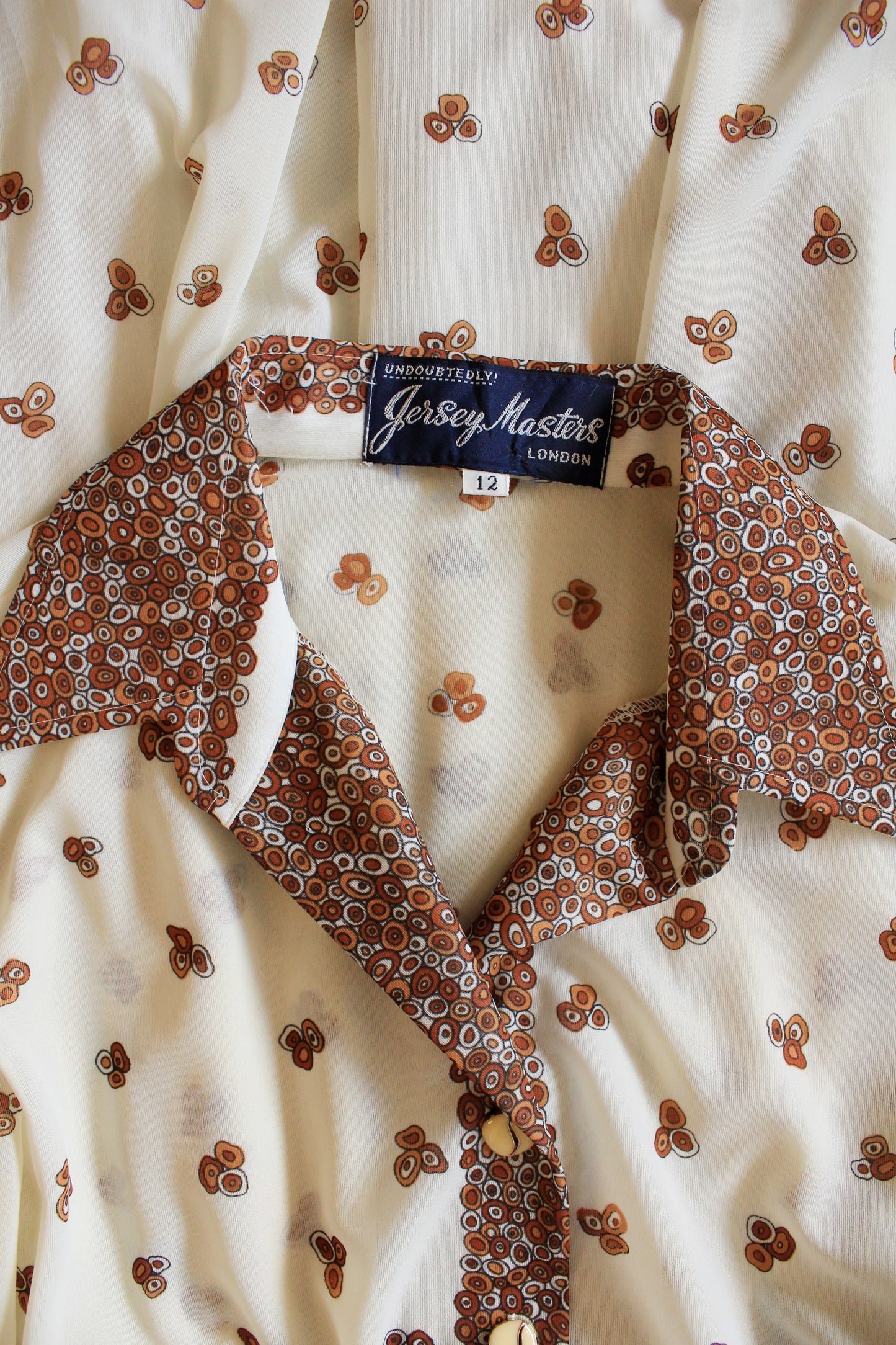 Early 1980s Cream Long Sleeve Pleated Dress With Brown Circle Details And Matching Belt, Small