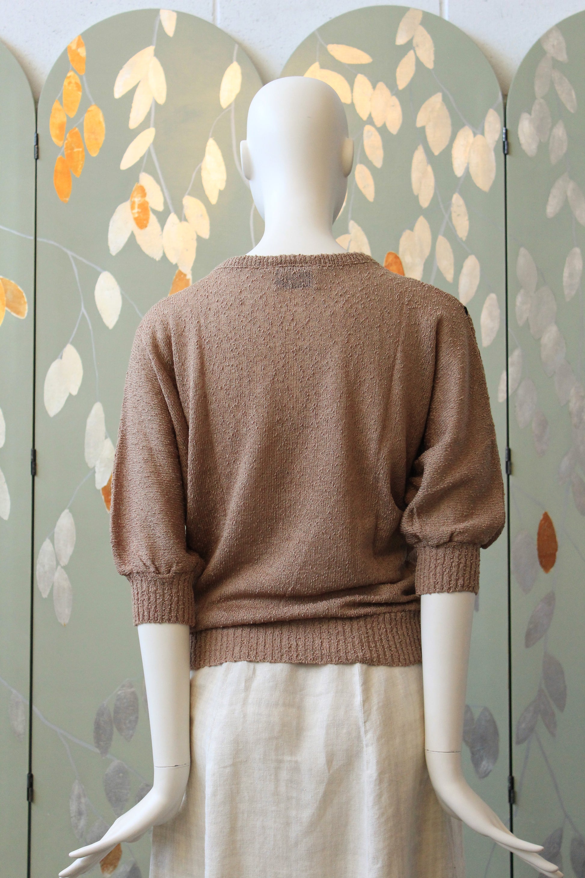 1980s Brown Diagonal Stripe Deadstock 3/4 Sleeve Taupe Knit Top, Small