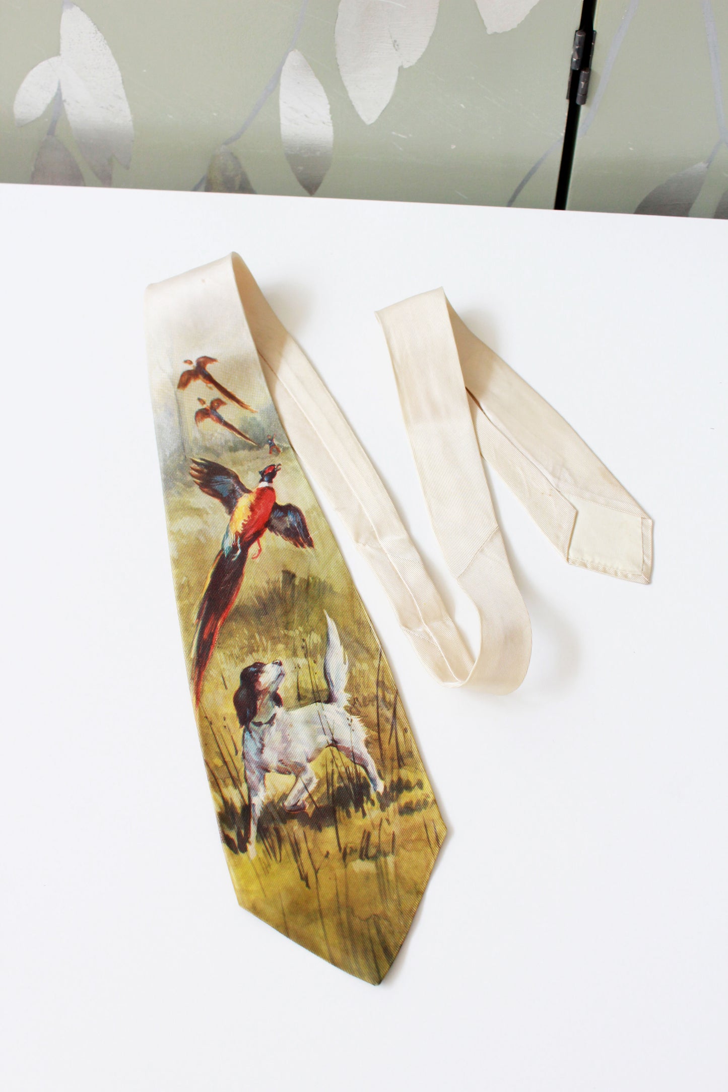 Vintage 1950s Photo Print Rayon Tie With Dog And Pheasant, Mid Century 