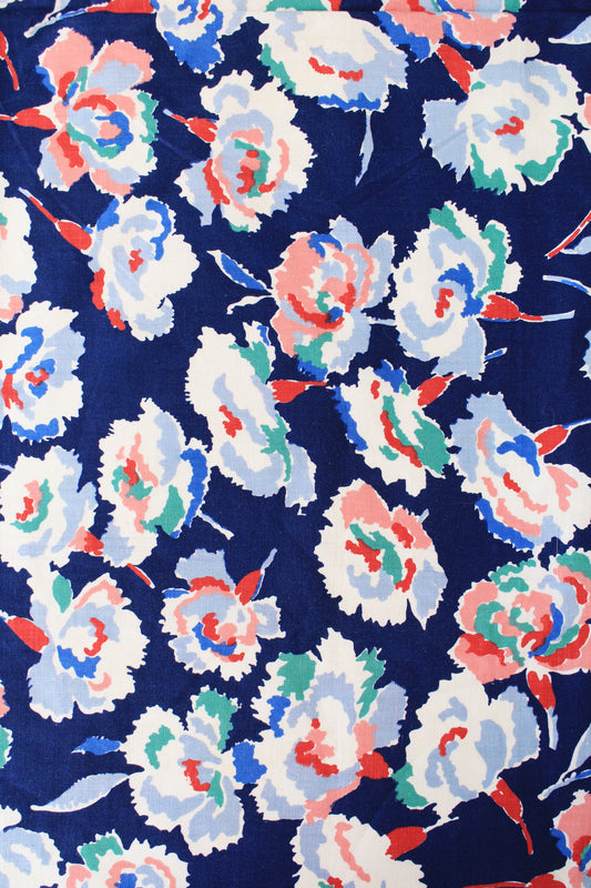 1940s Blue And White multicoloured Floral Cotton Fabric, 2.2 Yards