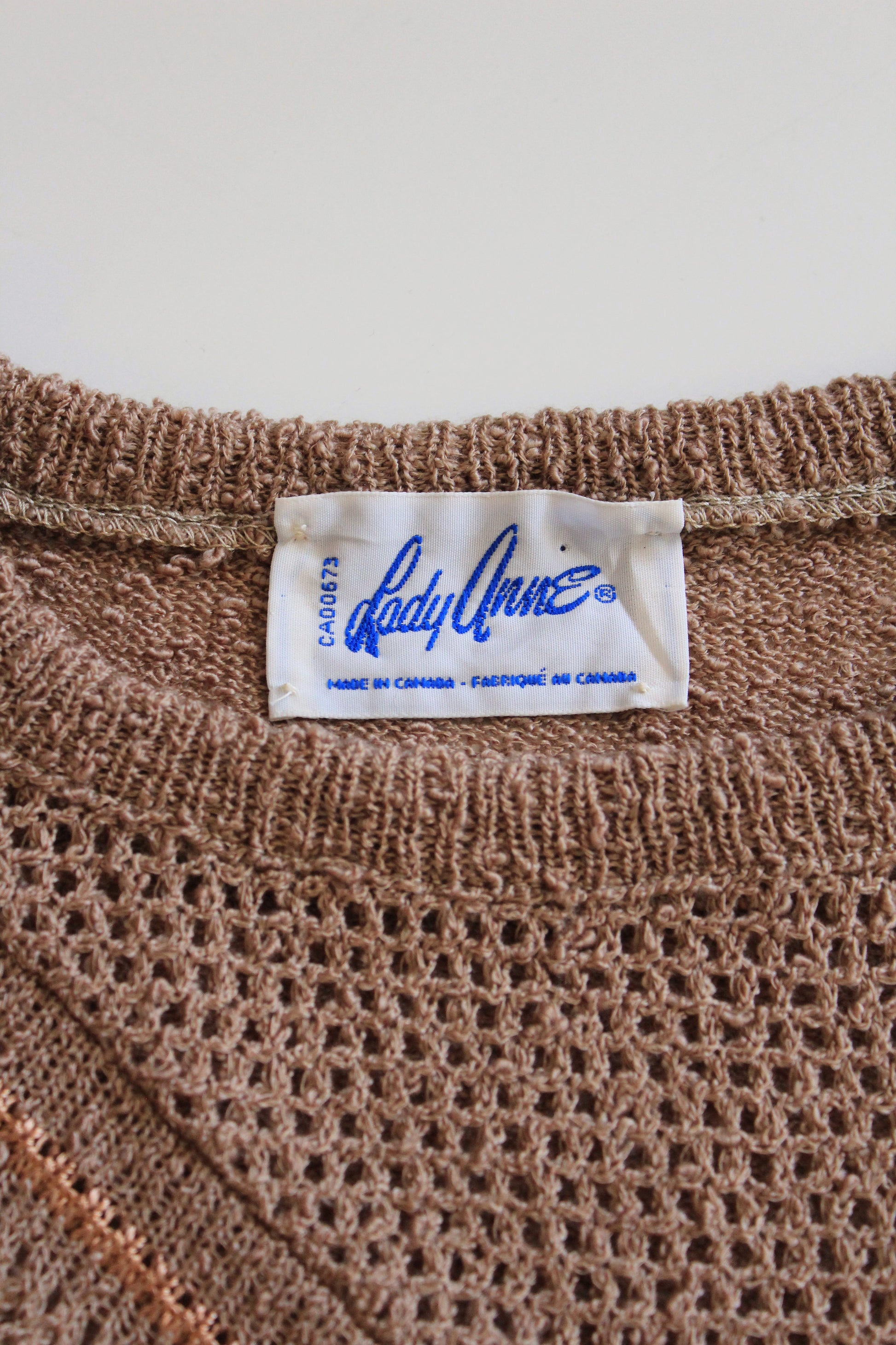 1980s Brown Diagonal Stripe Deadstock 3/4 Sleeve Taupe Knit Top, Small