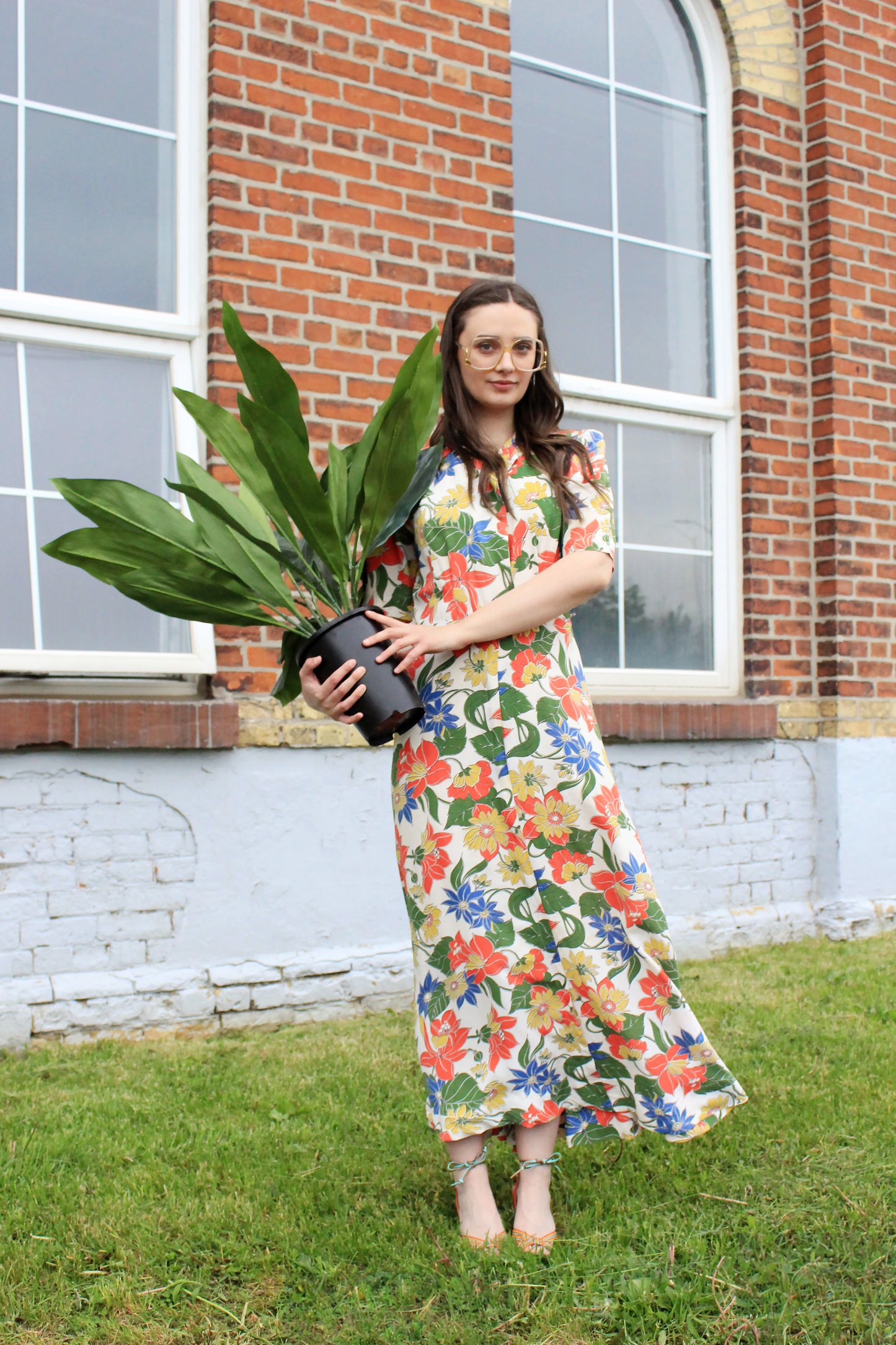 Vintage 1930s Tropical Floral Print Short Sleeve Maxi Hostess Gown, Small 