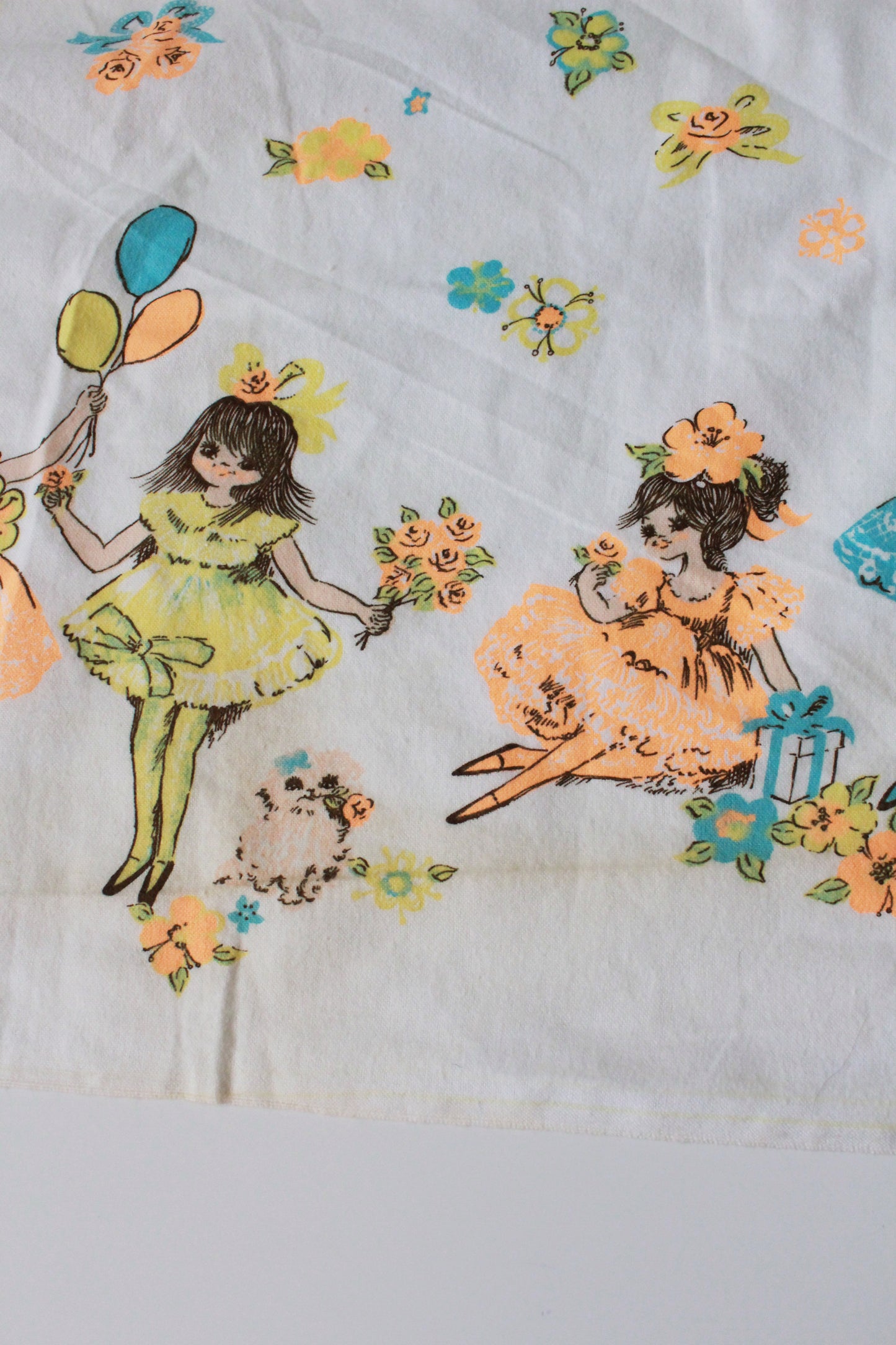 Vintage 1970s Neon Flower Girls Border Print, 3.6 Yards