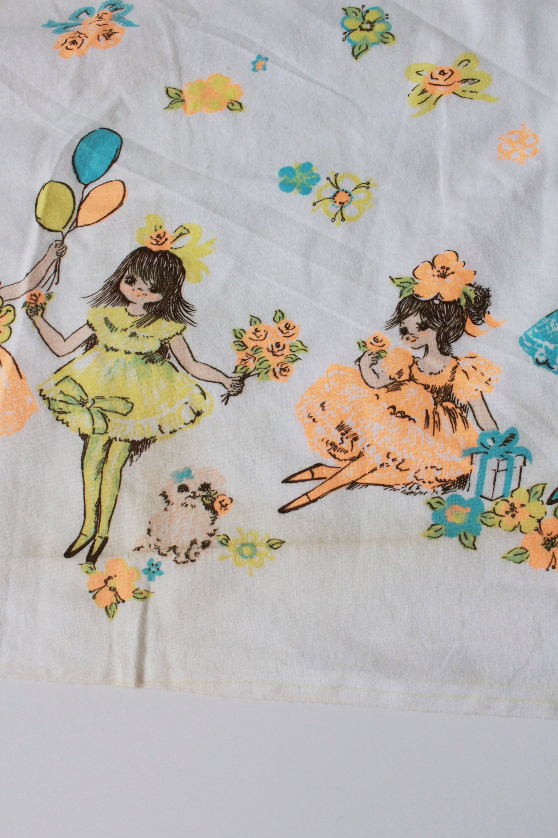 Vintage 1970s Neon Flower Girls Border Print, 3.6 Yards