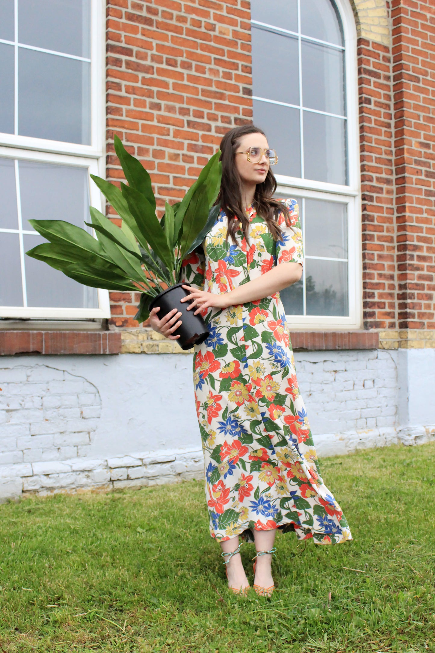 Vintage 1930s Tropical Floral Print Short Sleeve Maxi Hostess Gown, Small 