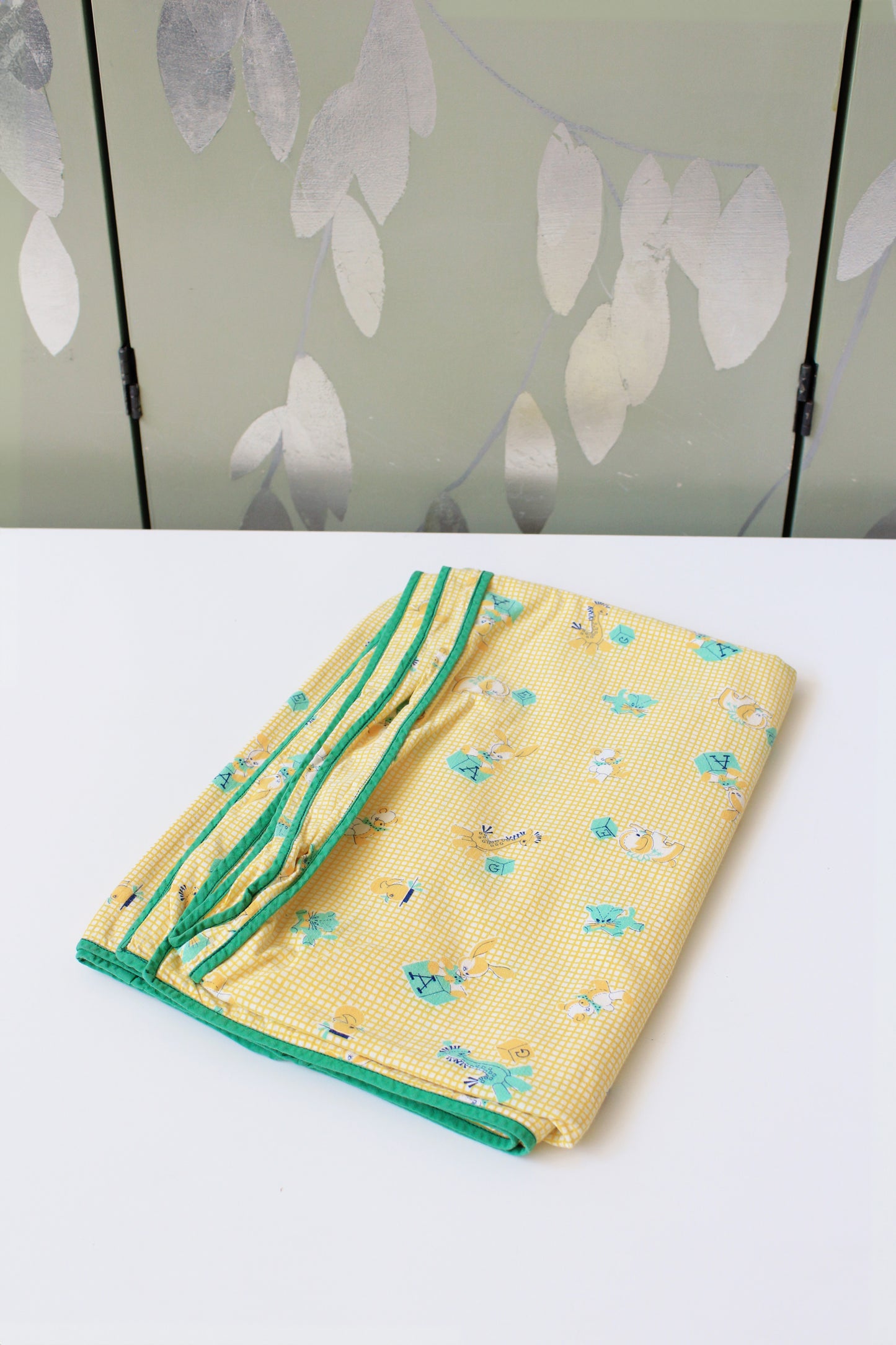 1950s Yellow And Green Baby Crib Duvet Cover With Baby Animal Illustrations