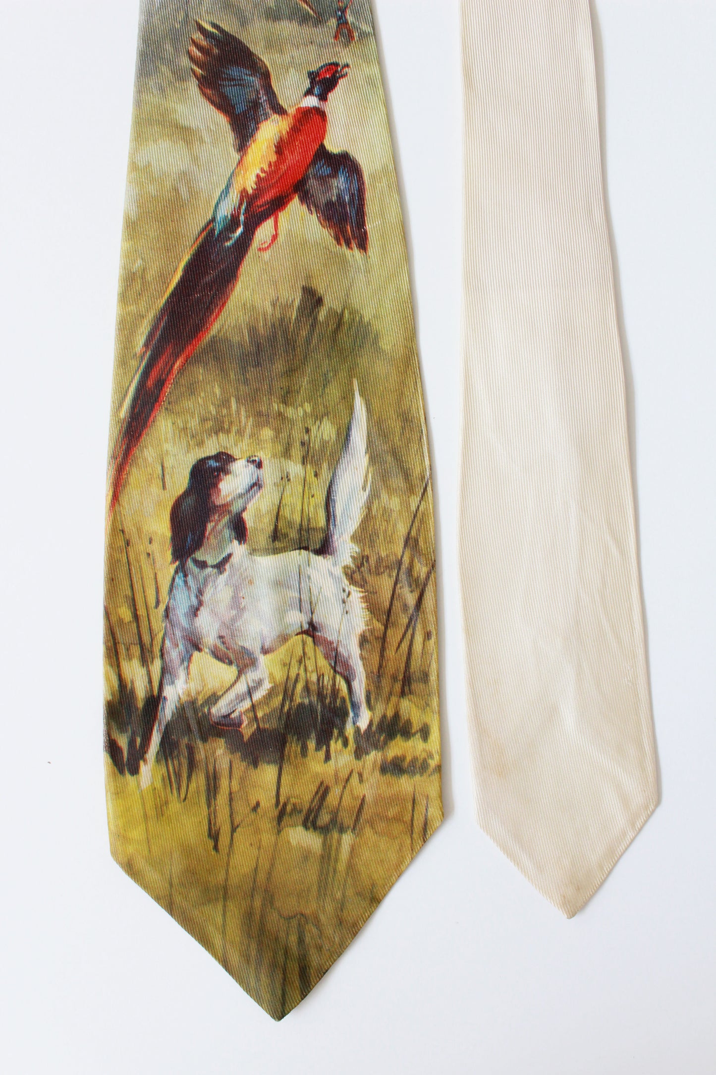 Vintage 1950s Photo Print Rayon Tie With Dog And Pheasant, Mid Century 