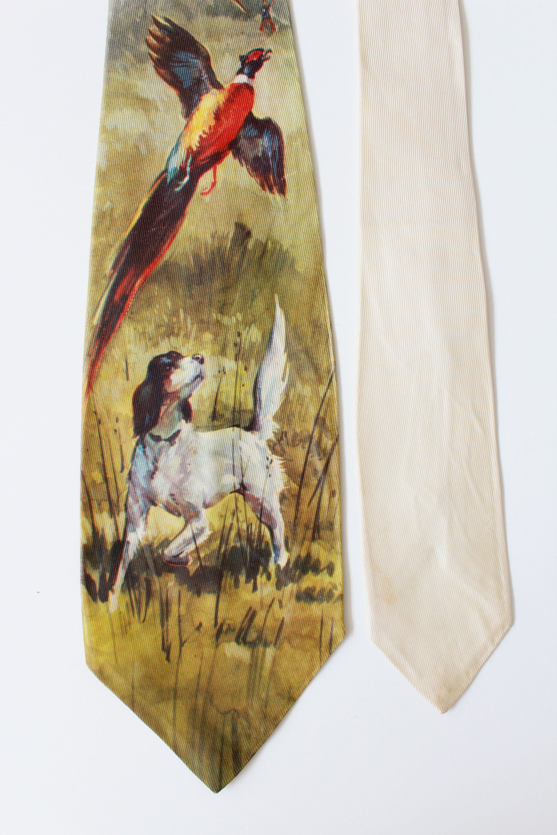 Vintage 1950s Photo Print Rayon Tie With Dog And Pheasant, Mid Century 