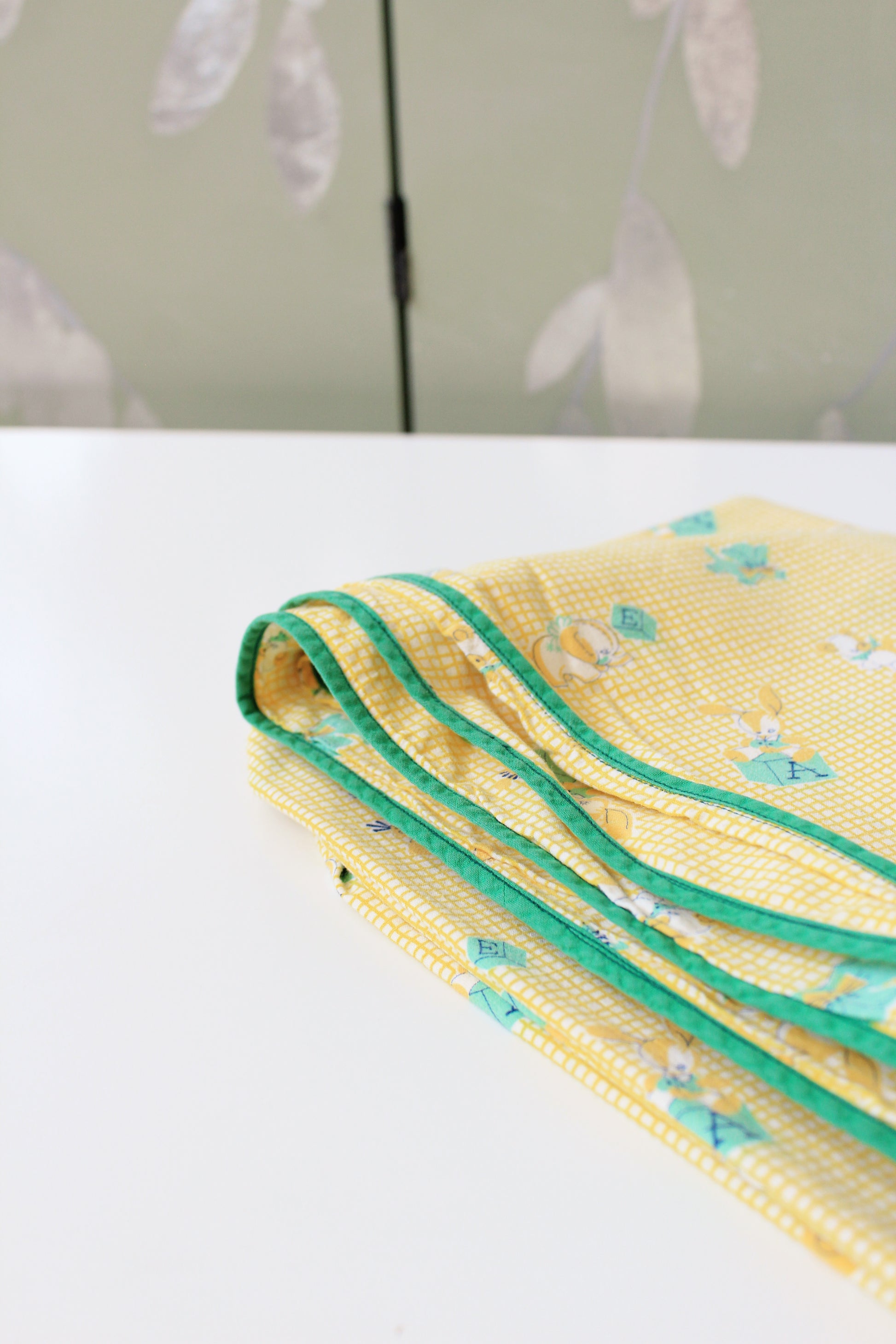 1950s Yellow And Green Baby Crib Duvet Cover With Baby Animal Illustrations