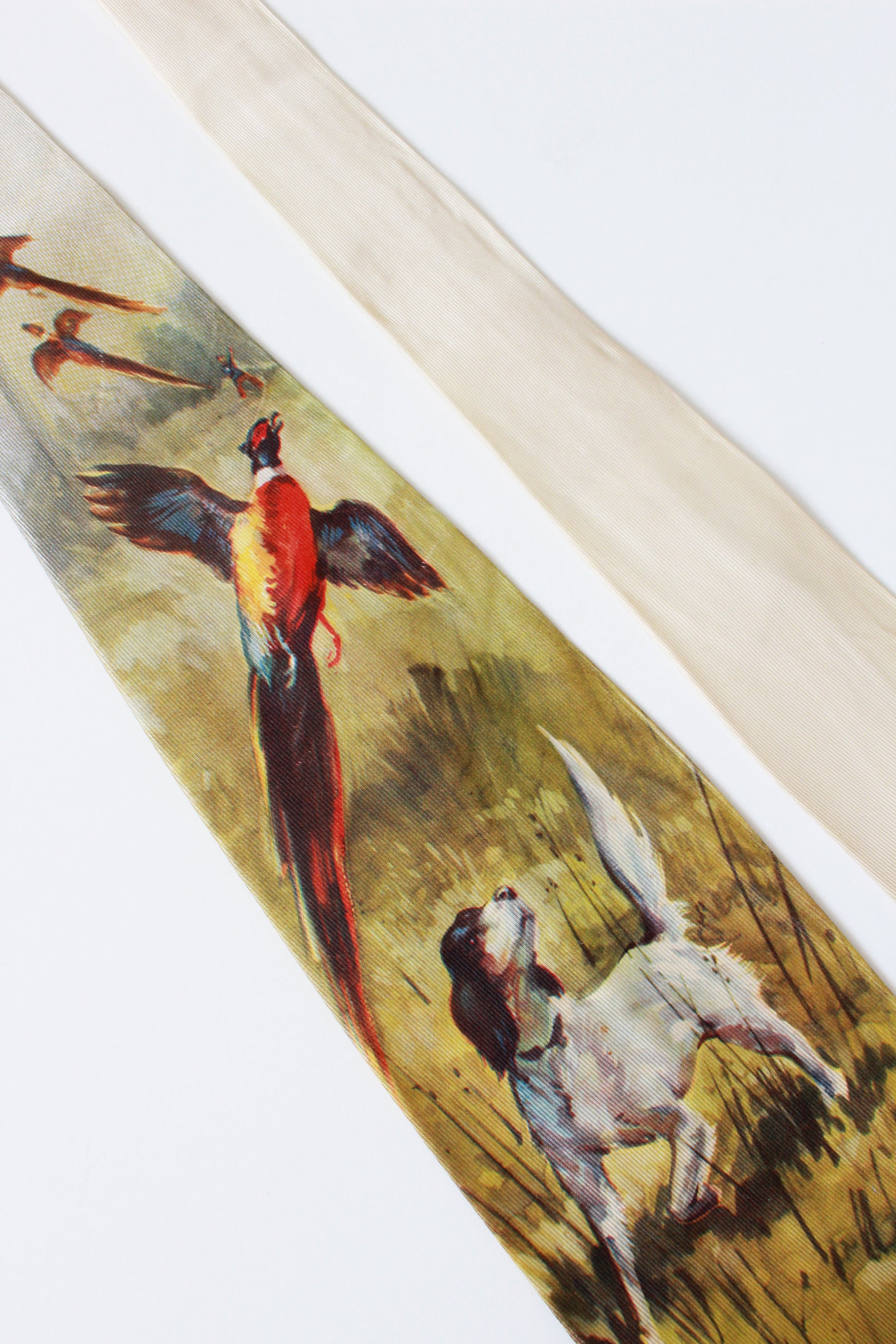 Vintage 1950s Photo Print Rayon Tie With Dog And Pheasant, Mid Century 