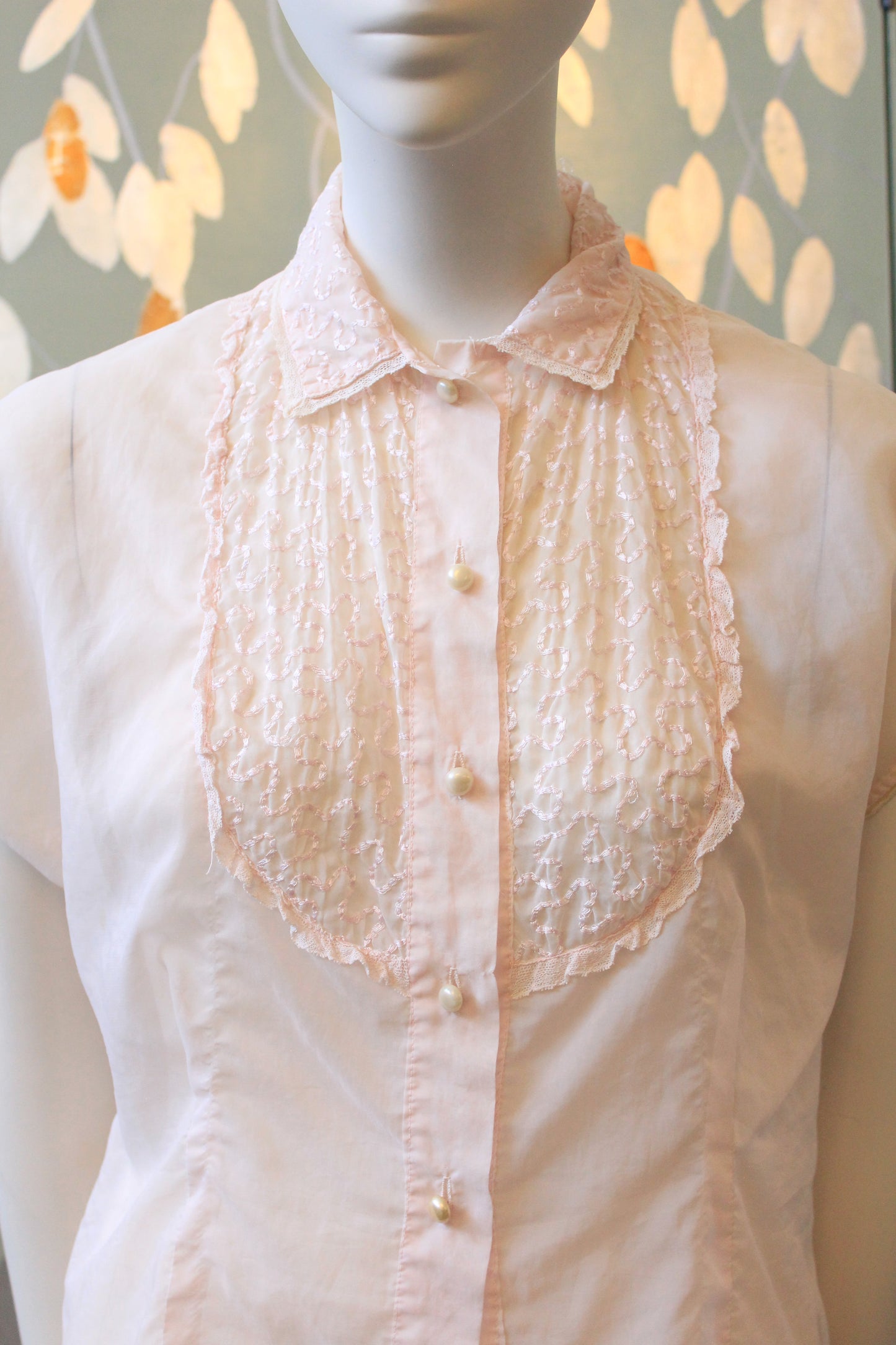 Vintage 1950s Light Pink Nylon Short Sleeve Blouse With Embroidered Yoke, XS