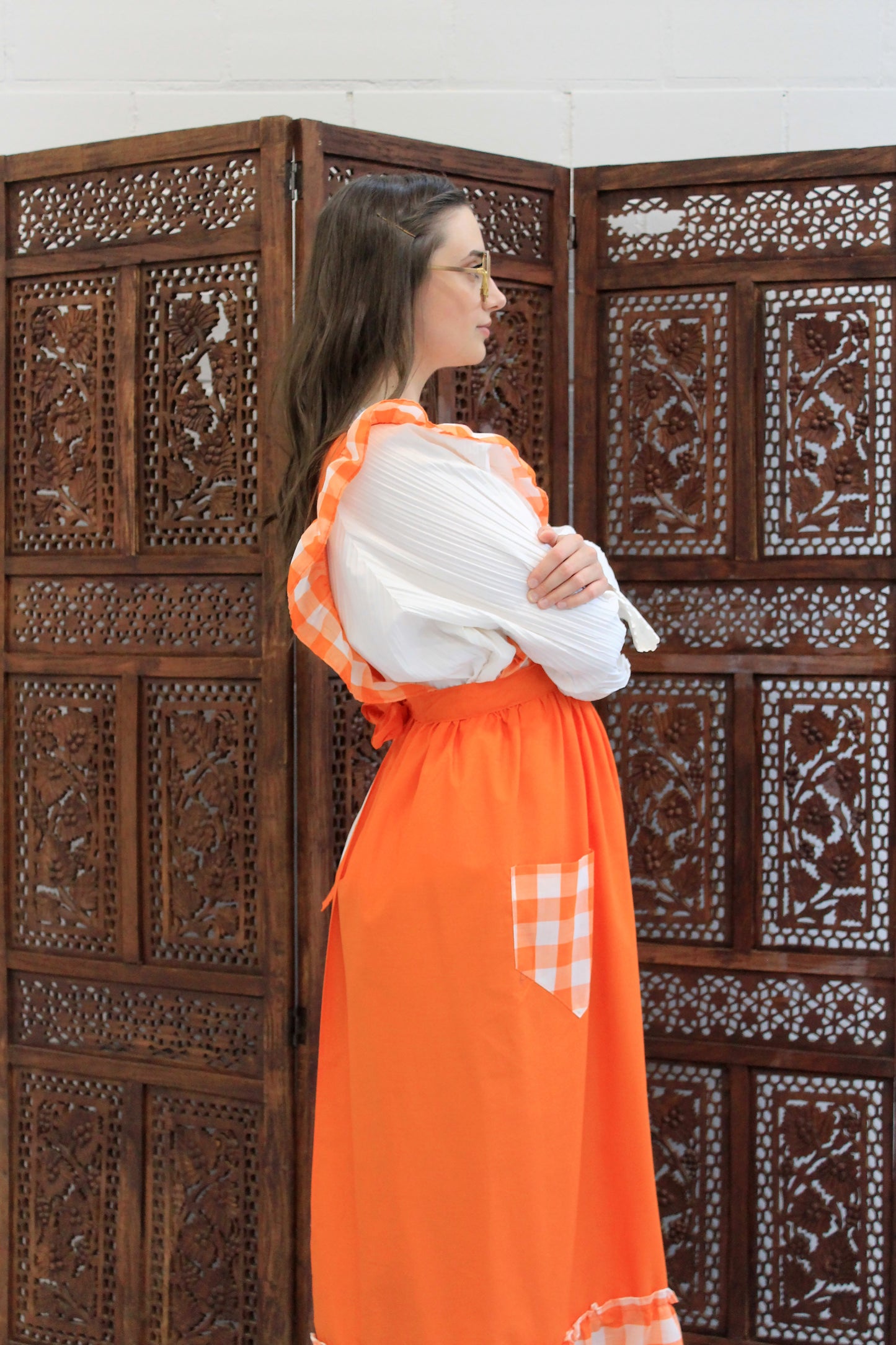 Vintage 1970s Orange Gingham Pinafore Apron with Ruffles, Medium