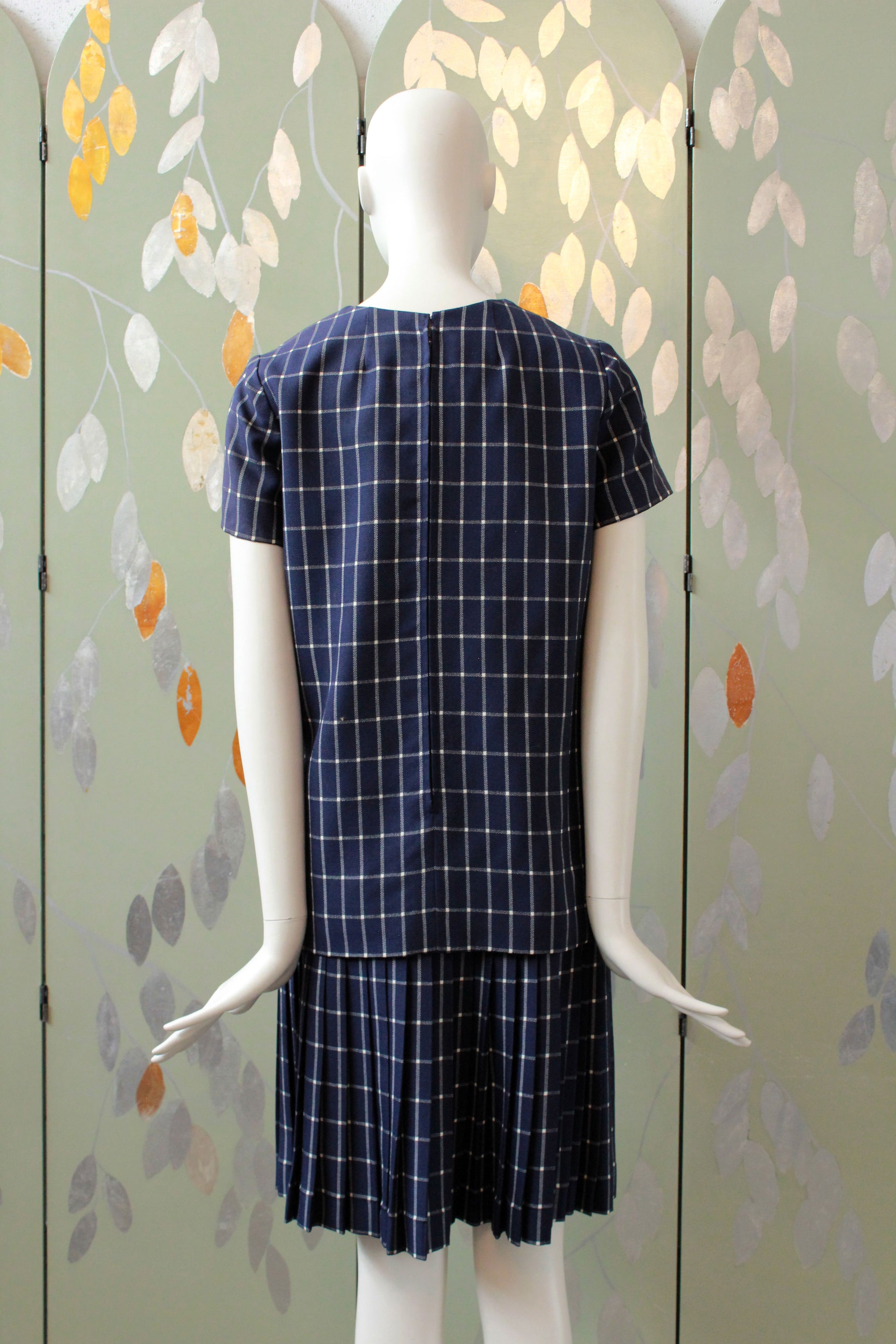 Vintage 1960s Drop Waist Matching Set In A Blue Grid Check Plaid, Small