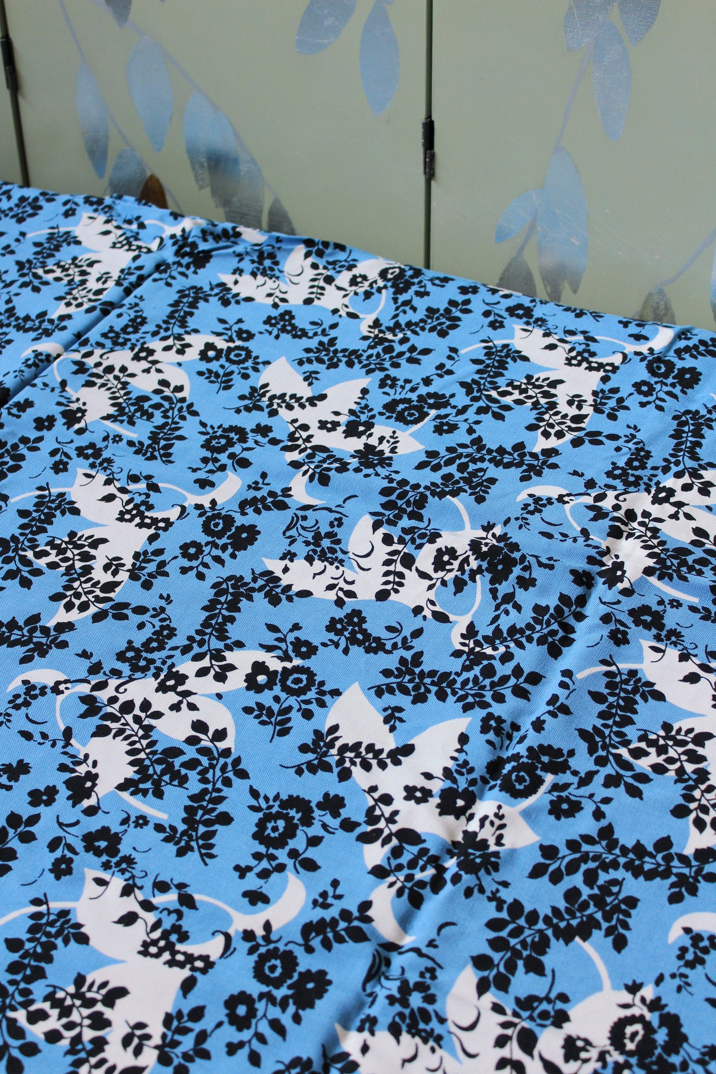 1950s Black and Medium Blue Silhouette Leaves And Flowers, Cotton/Rayon Fabric,  4 Yards