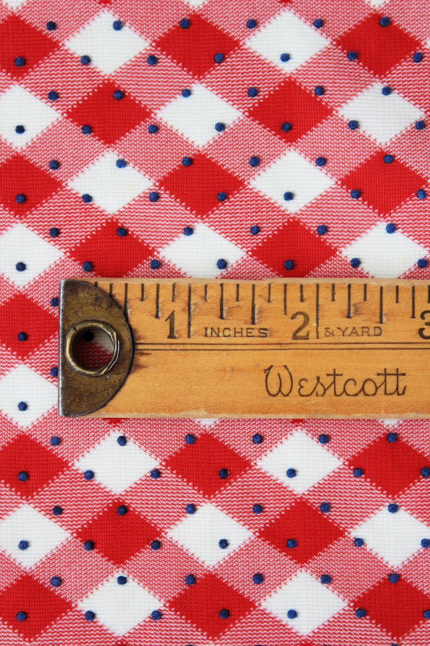 1960s Red And White Checkered Plaid With Blue Polka Dots Nylon Vintage Print Fabric, 3.8 Yards