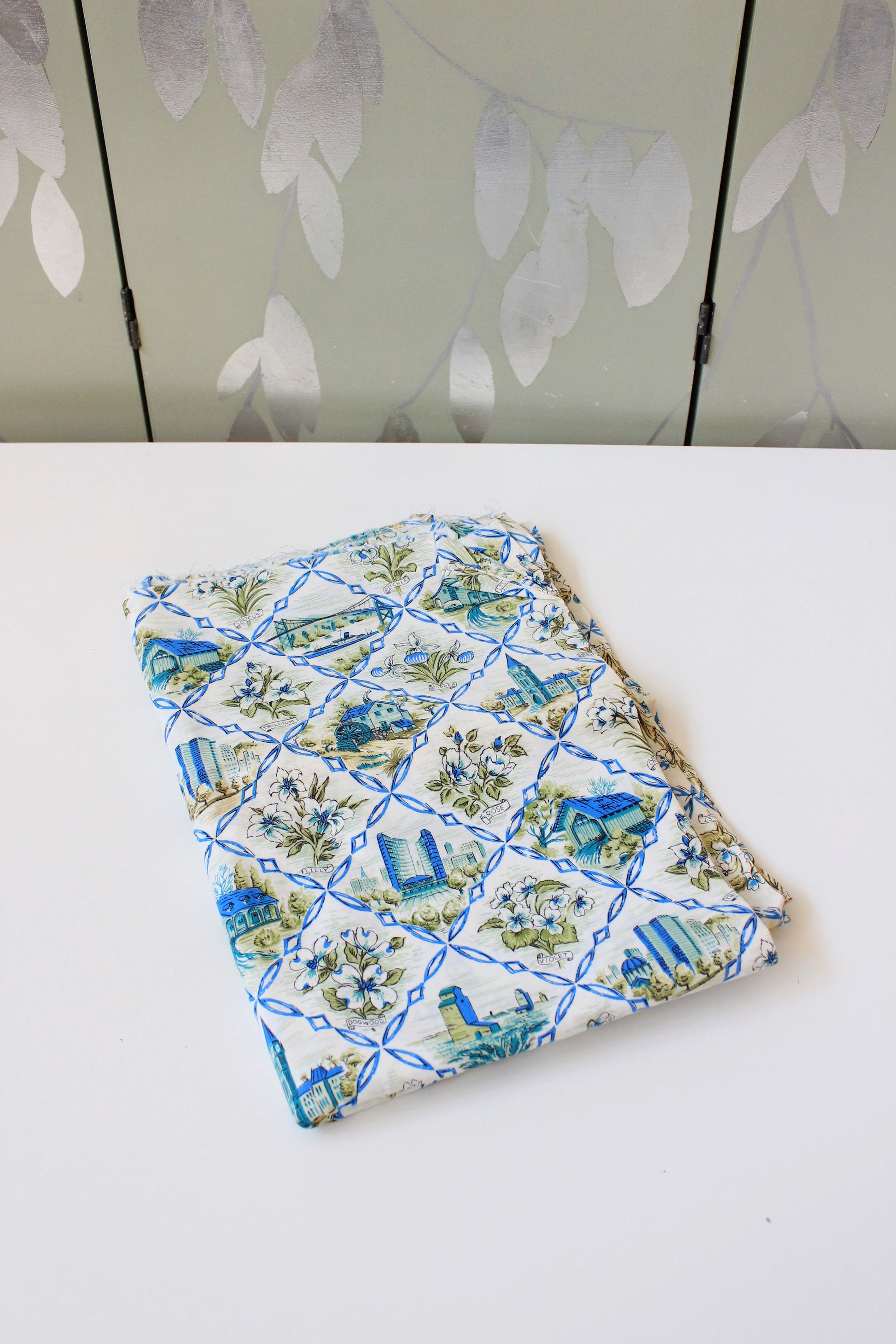 1960s Green And Blue Cotton Sewing Fabric With Flowers And Architecture, 6 + 2 Yards