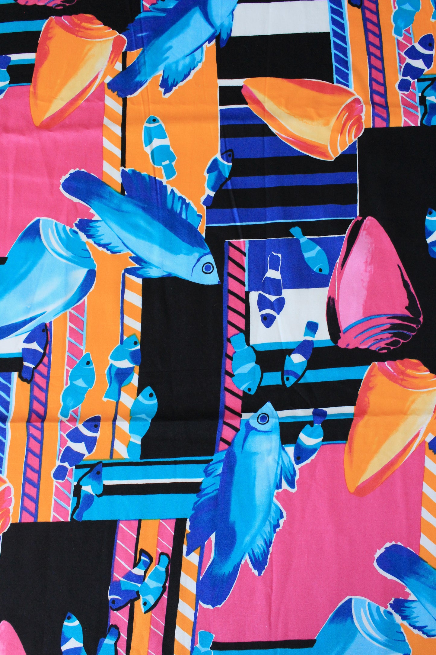 Vintage 1990s Multicoloured Fish And Shells Cotton Fabric, 3.5 Yards