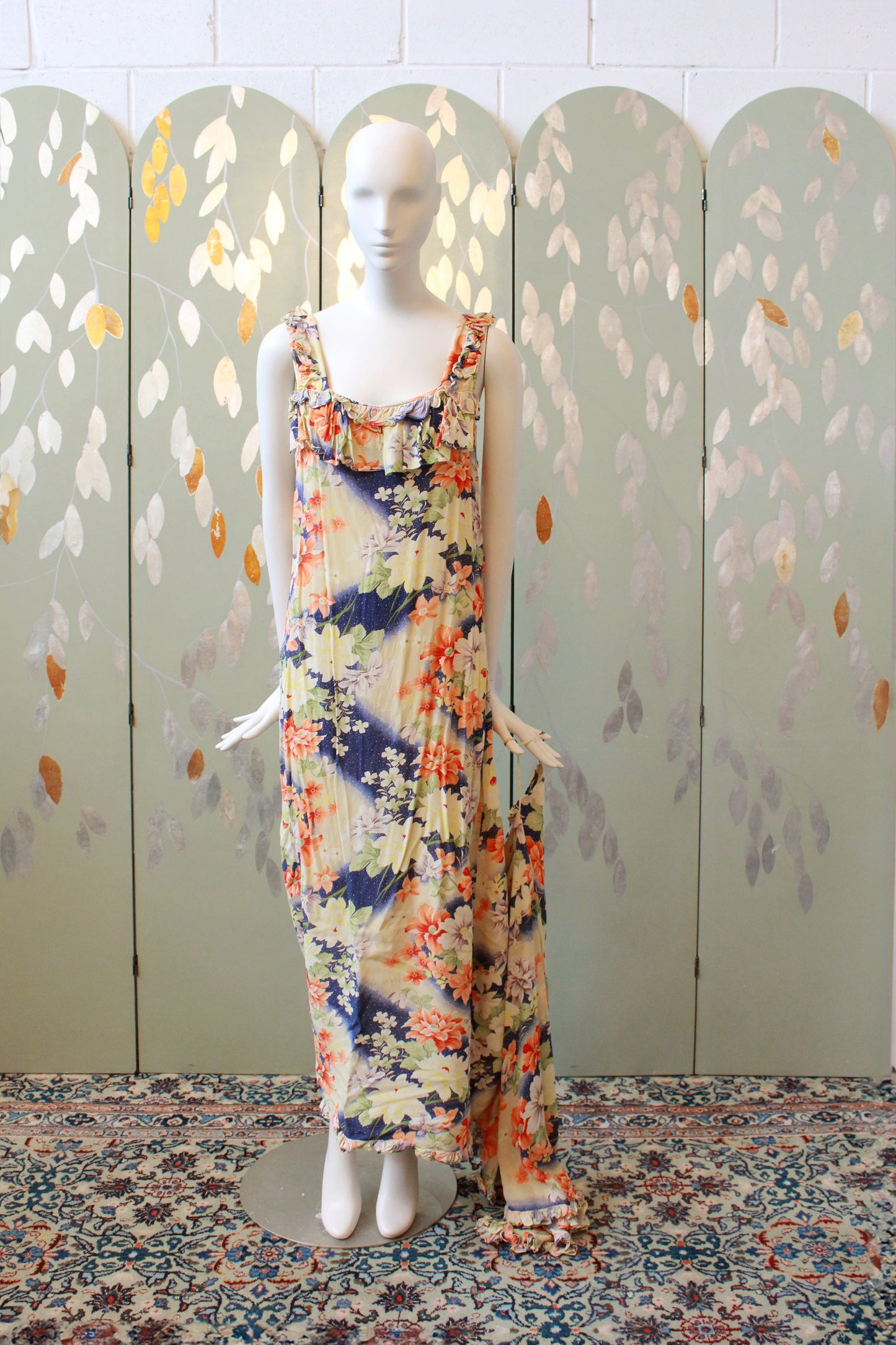 1930s Bias Cut Yellow And Orange Floral Gown With Train, Small