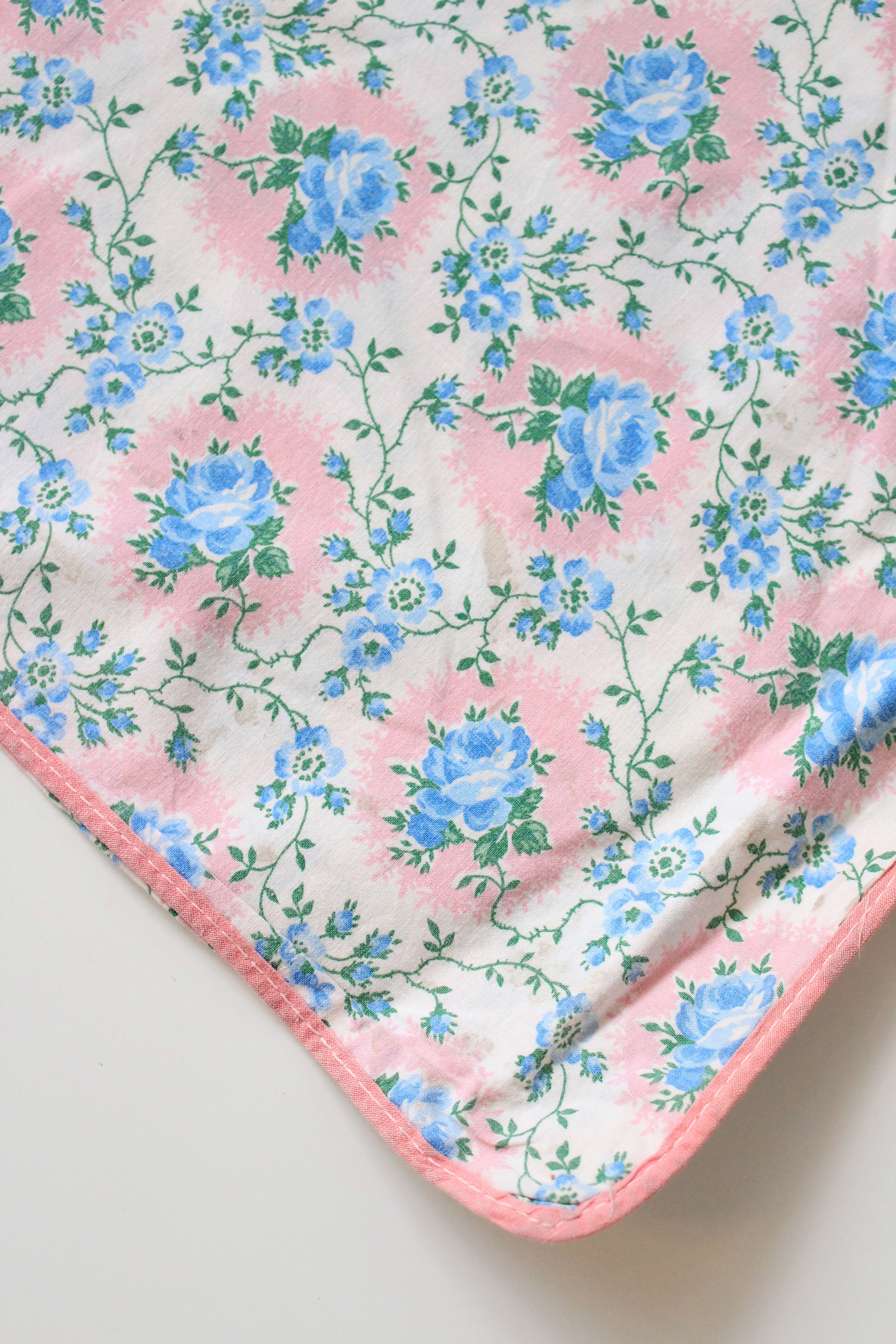 1950s Light Blue And Pink Floral Cotton Duvet Cover, 4.4 Yards Of Fabric