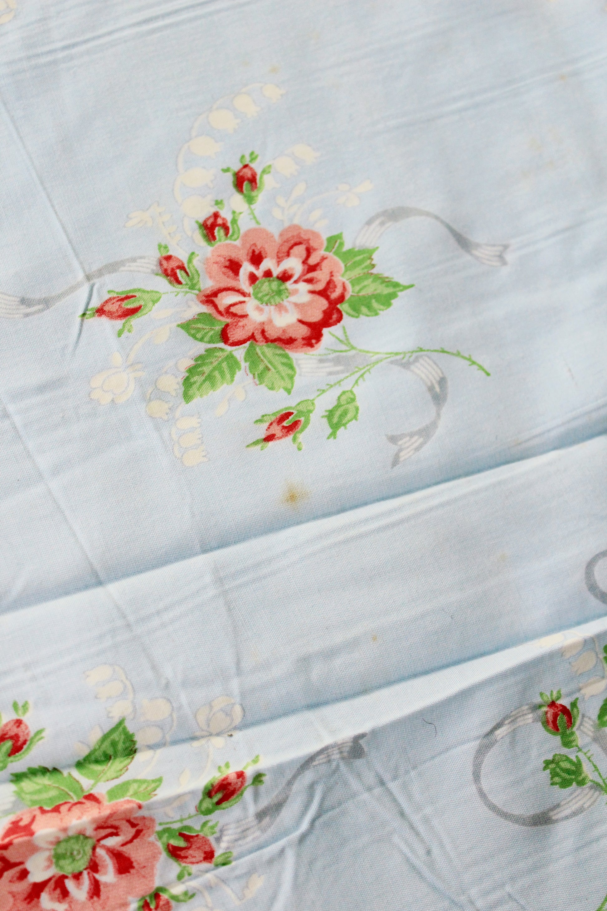 1940s Light Blue Cotton Fabric With Pink Flowers, 9 Yards