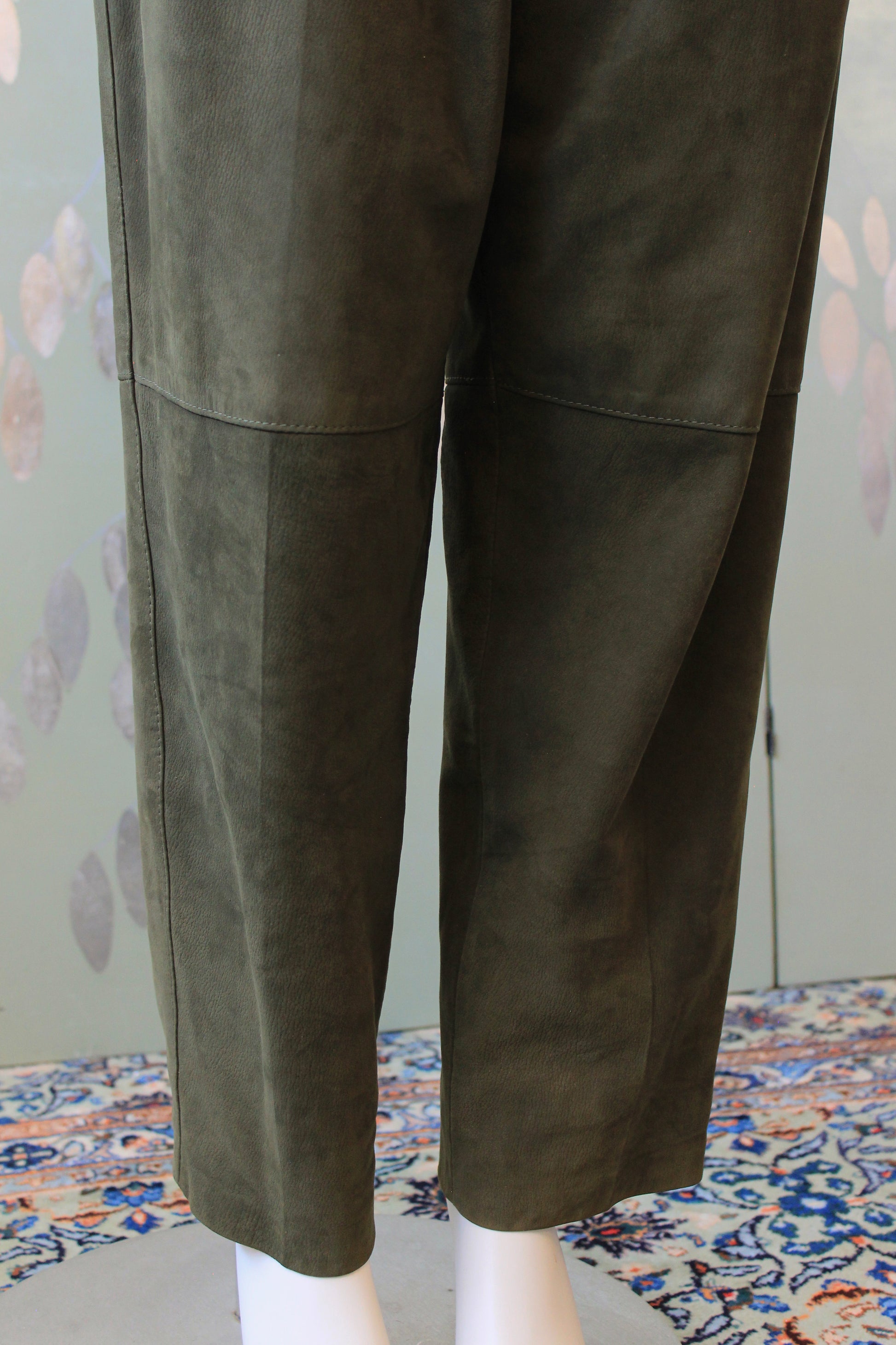 1980s Leather Paperbag Style Pants In Olive Green, Medium