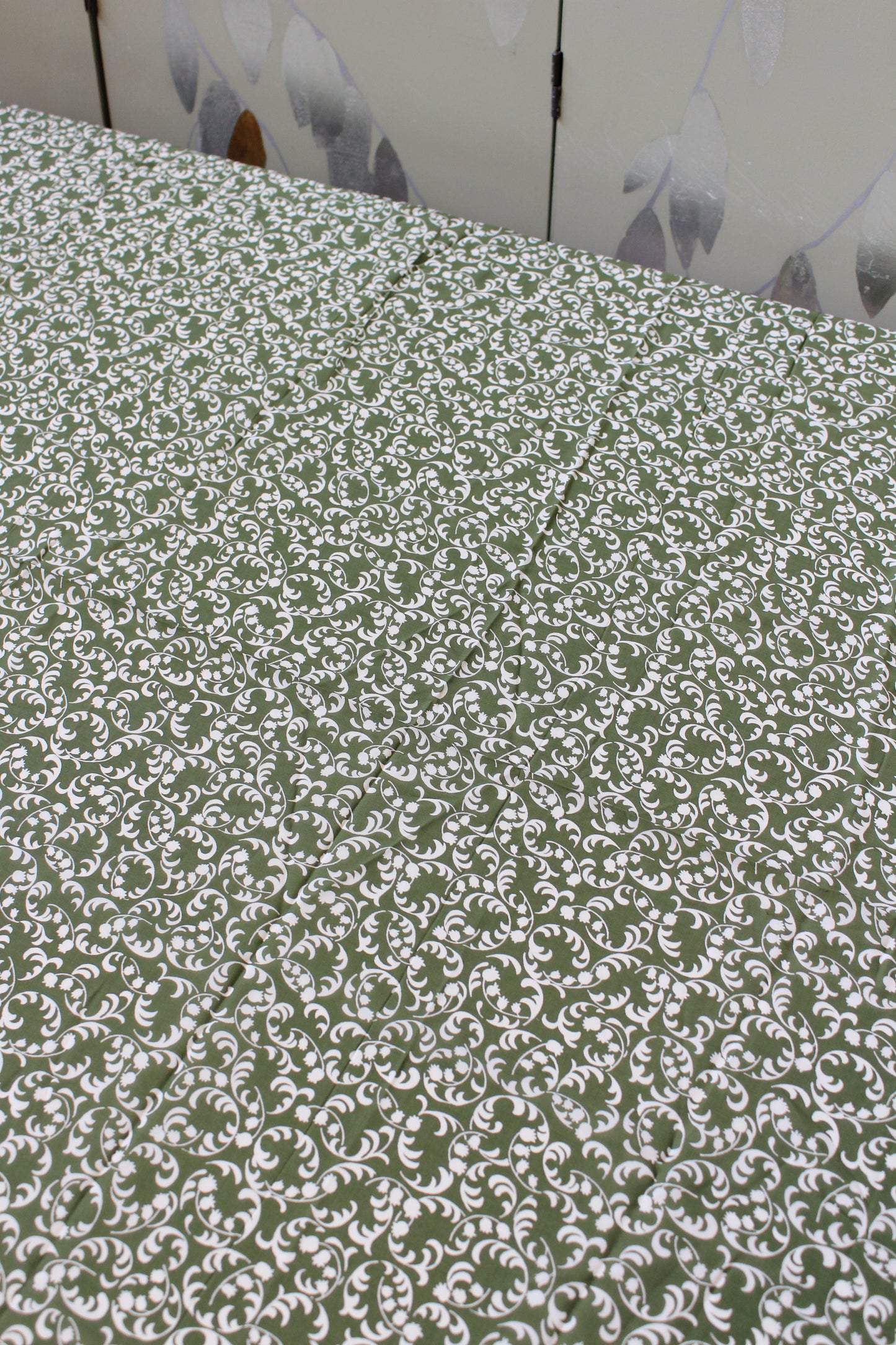 1940s Green And White Vine Pattern Summer Rayon Fabric, 4 Yards