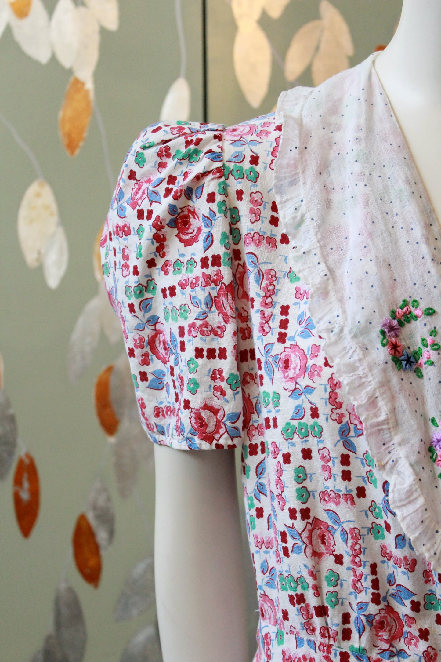 1940s  Floral Cotton Wrap House Dress With Embroidery, Medium