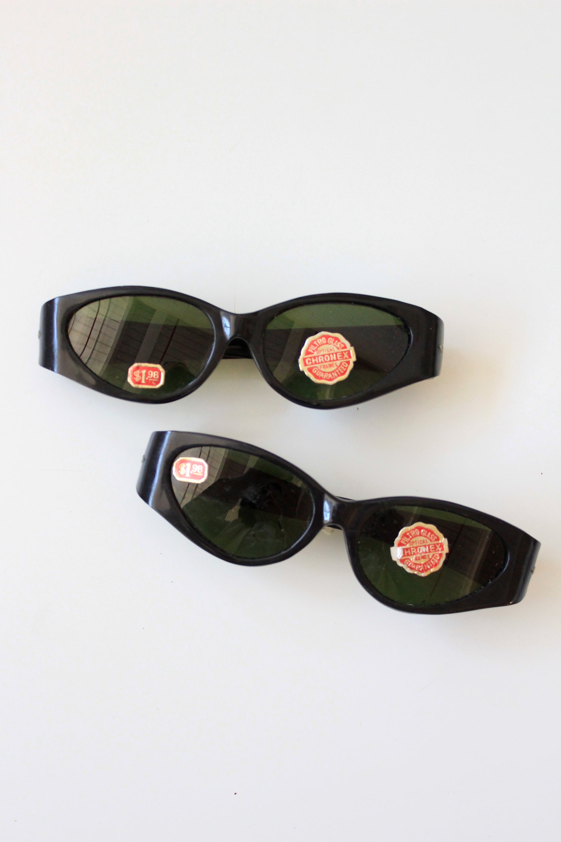 1950s Black Plastic Sunglasses With Green Lenses, Unused