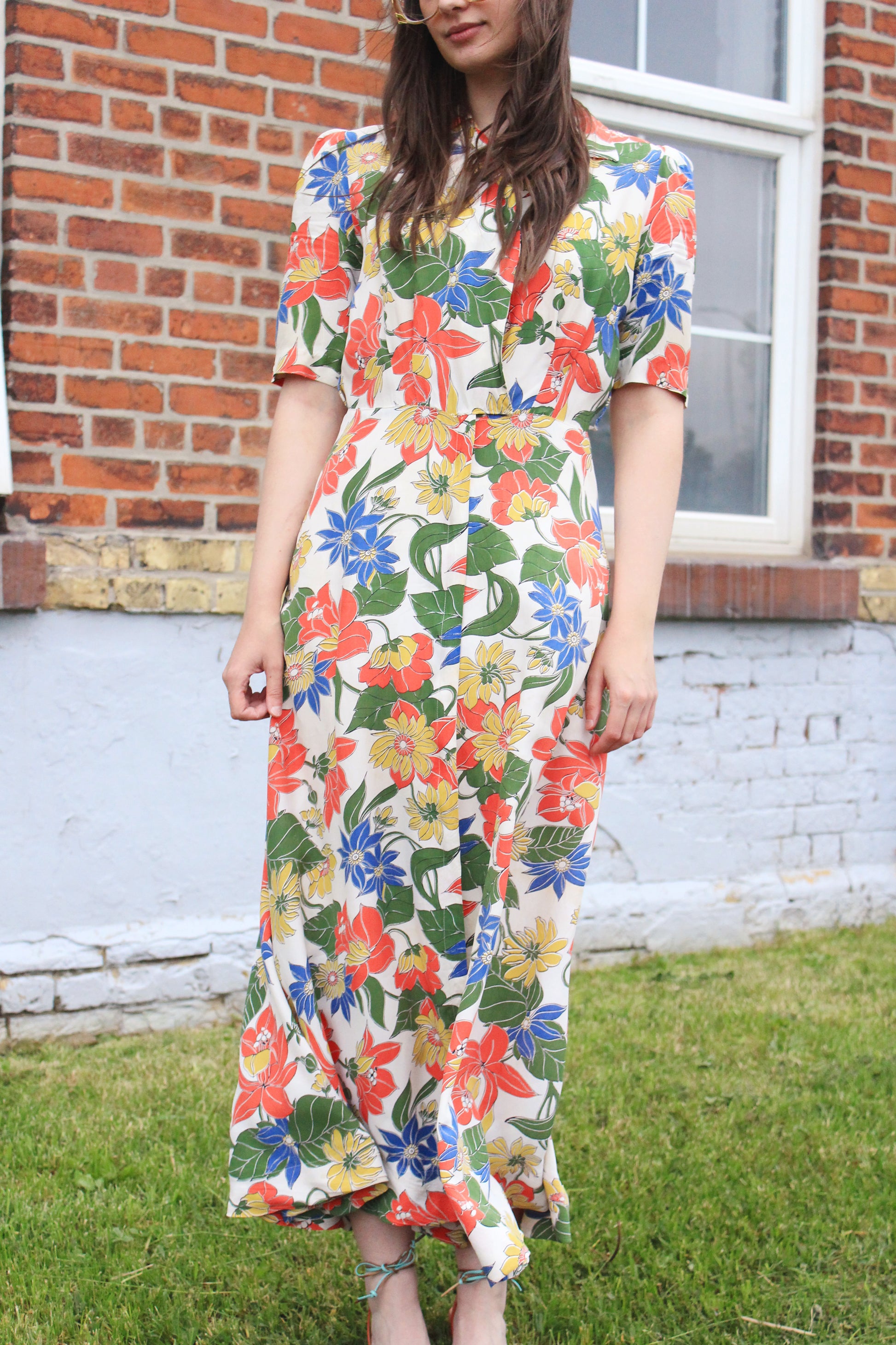 Vintage 1930s Tropical Floral Print Short Sleeve Rayon Maxi Hostess Gown, Small