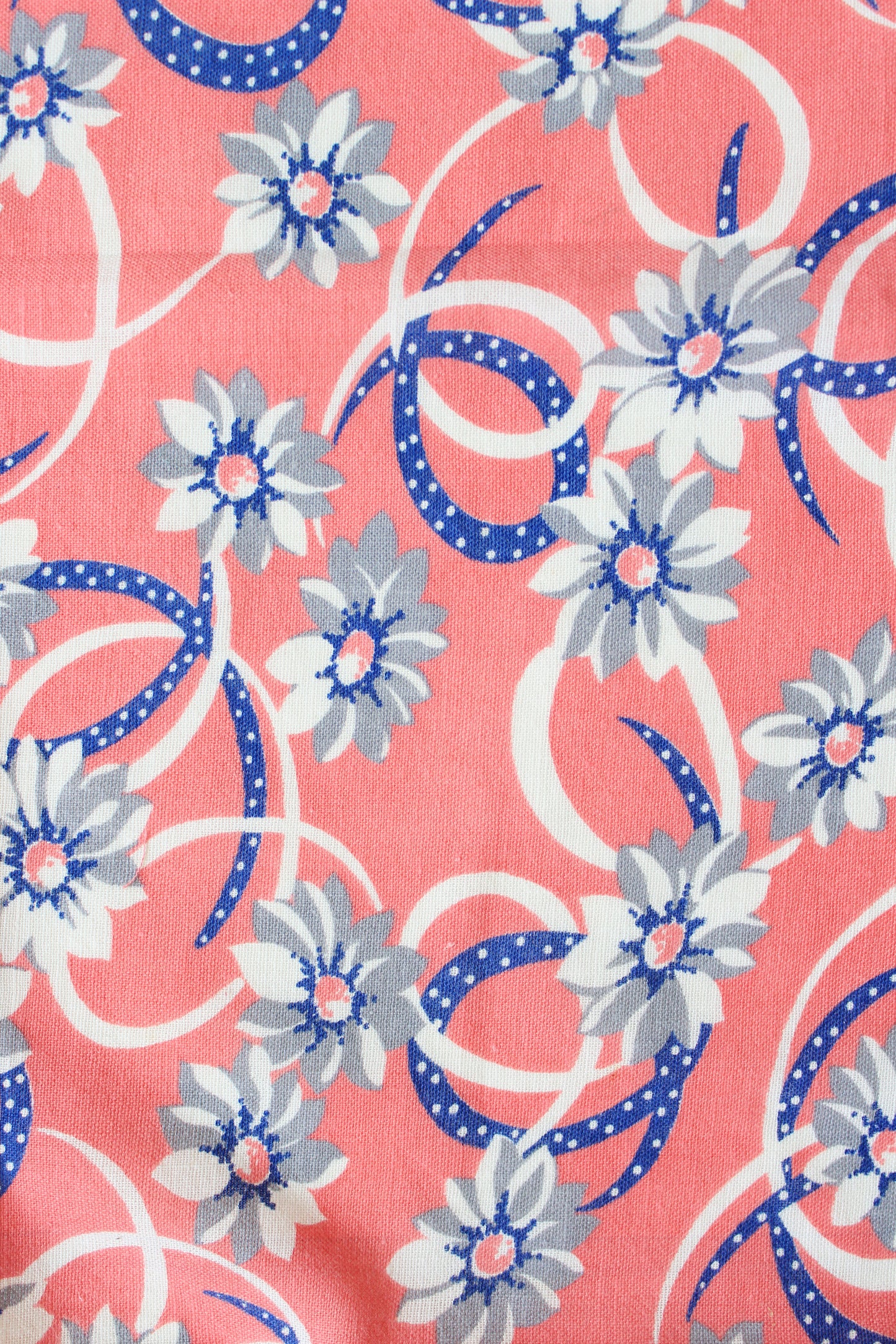 1940s Pink And Blue Floral Feedsack With Illustrated Ribbon, Vintage Summer Sewing/Quilting Fabric