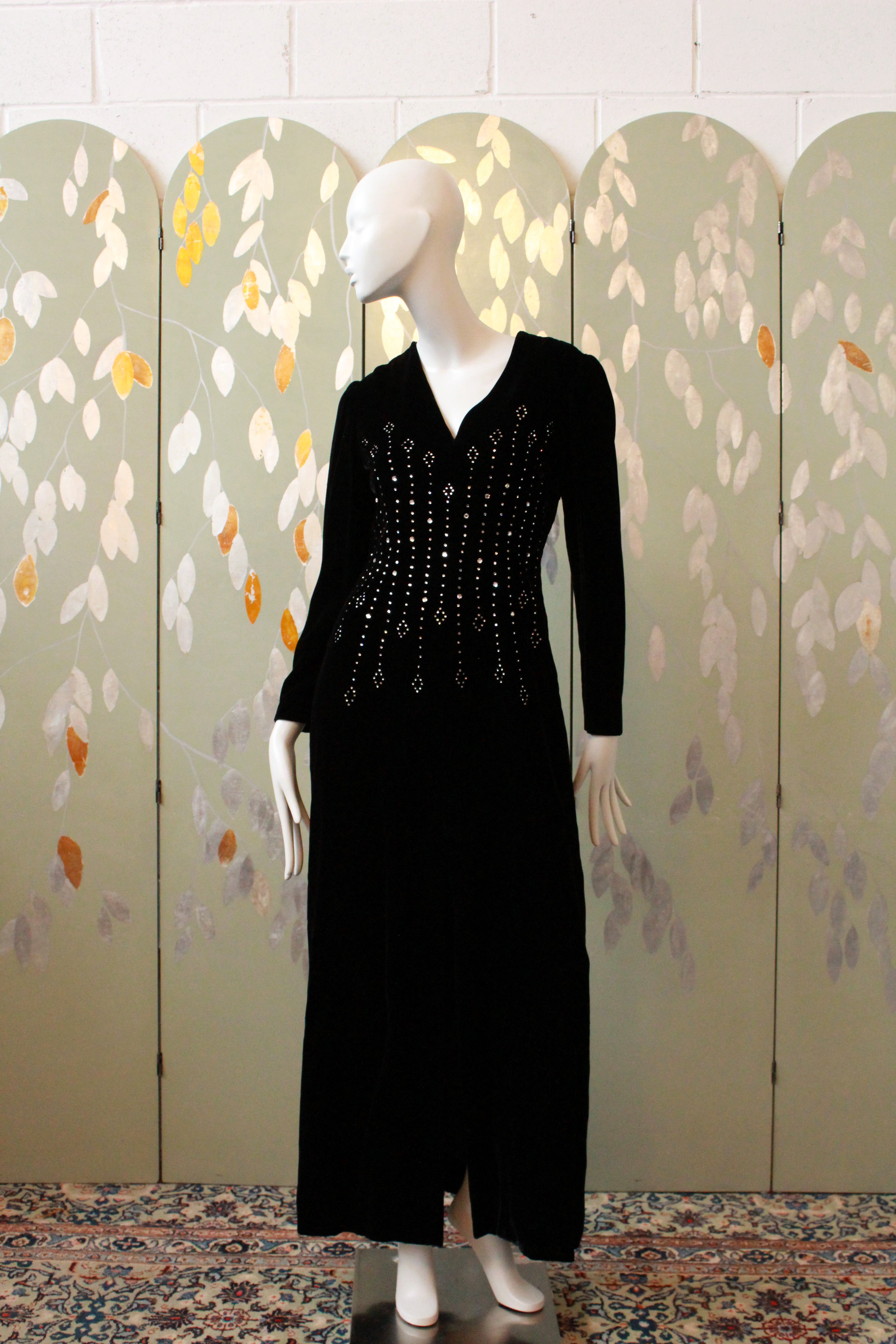 Vintage 1960s Black Velvet Dress store Rhinestone Side Button Shift