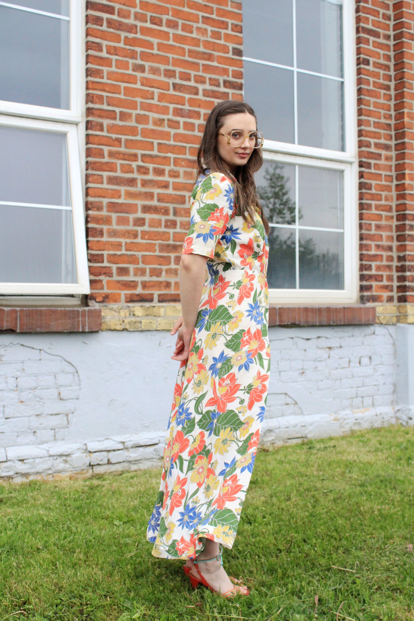 Vintage 1930s Tropical Floral Print Short Sleeve Maxi Hostess Gown, Small 