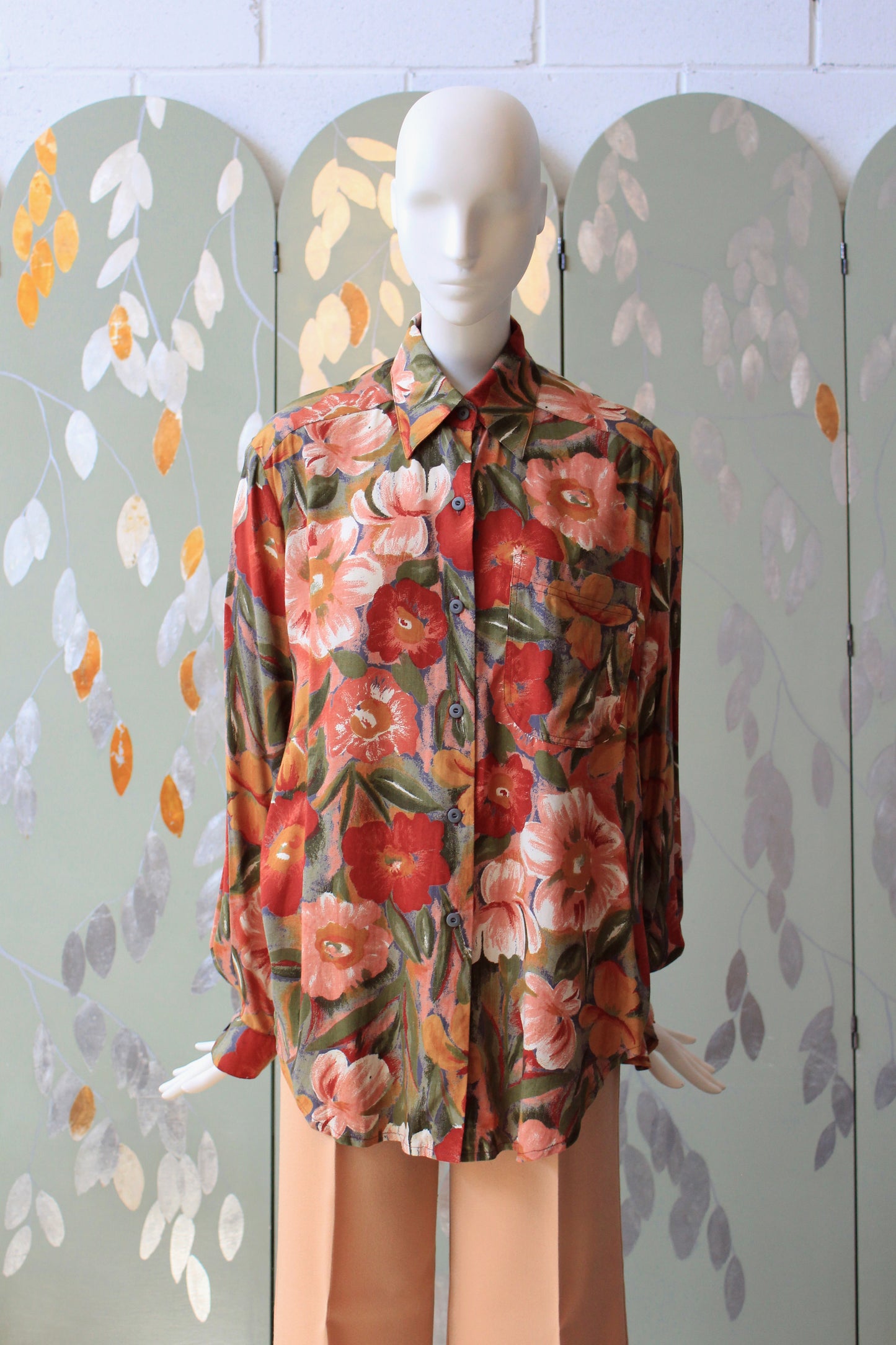 1980s Soft Rayon Floral Long Sleeve Blouse, XL
