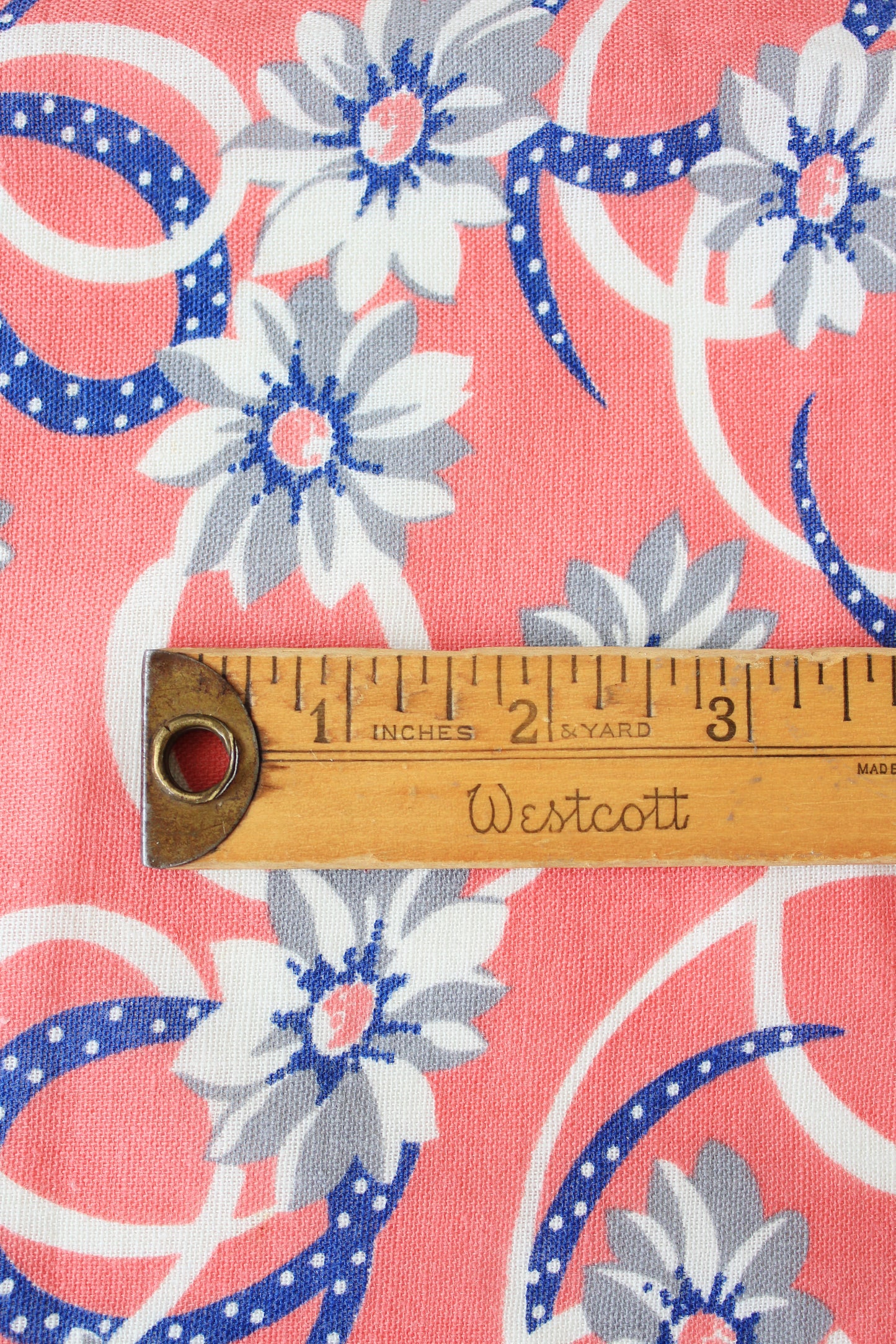 1940s Pink And Blue Floral Feedsack With Illustrated Ribbon, Vintage Summer Sewing/Quilting Fabric