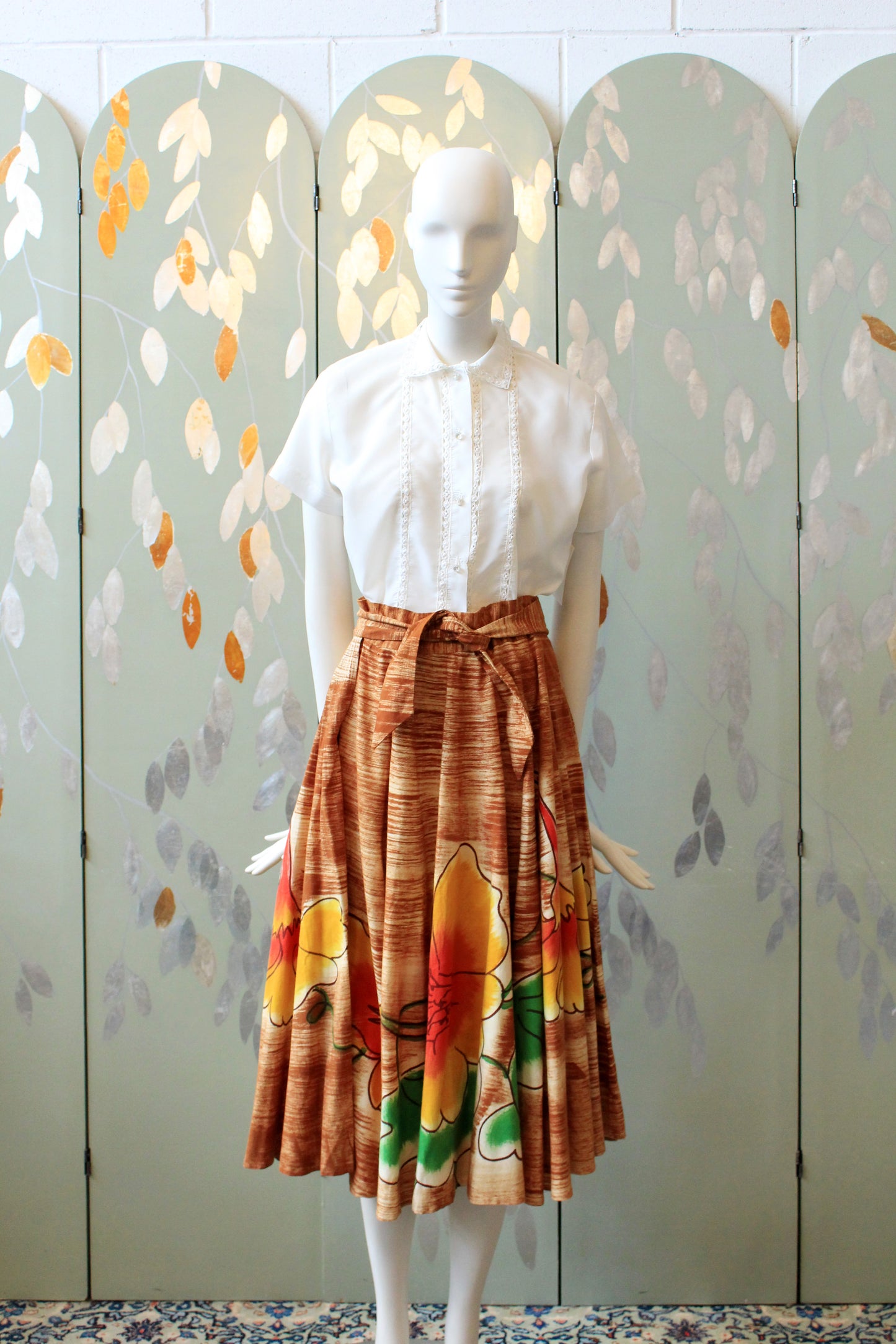 1950s Handpainted Circle Skirt With Tropical Flowers In Orange And Yellow, S/M