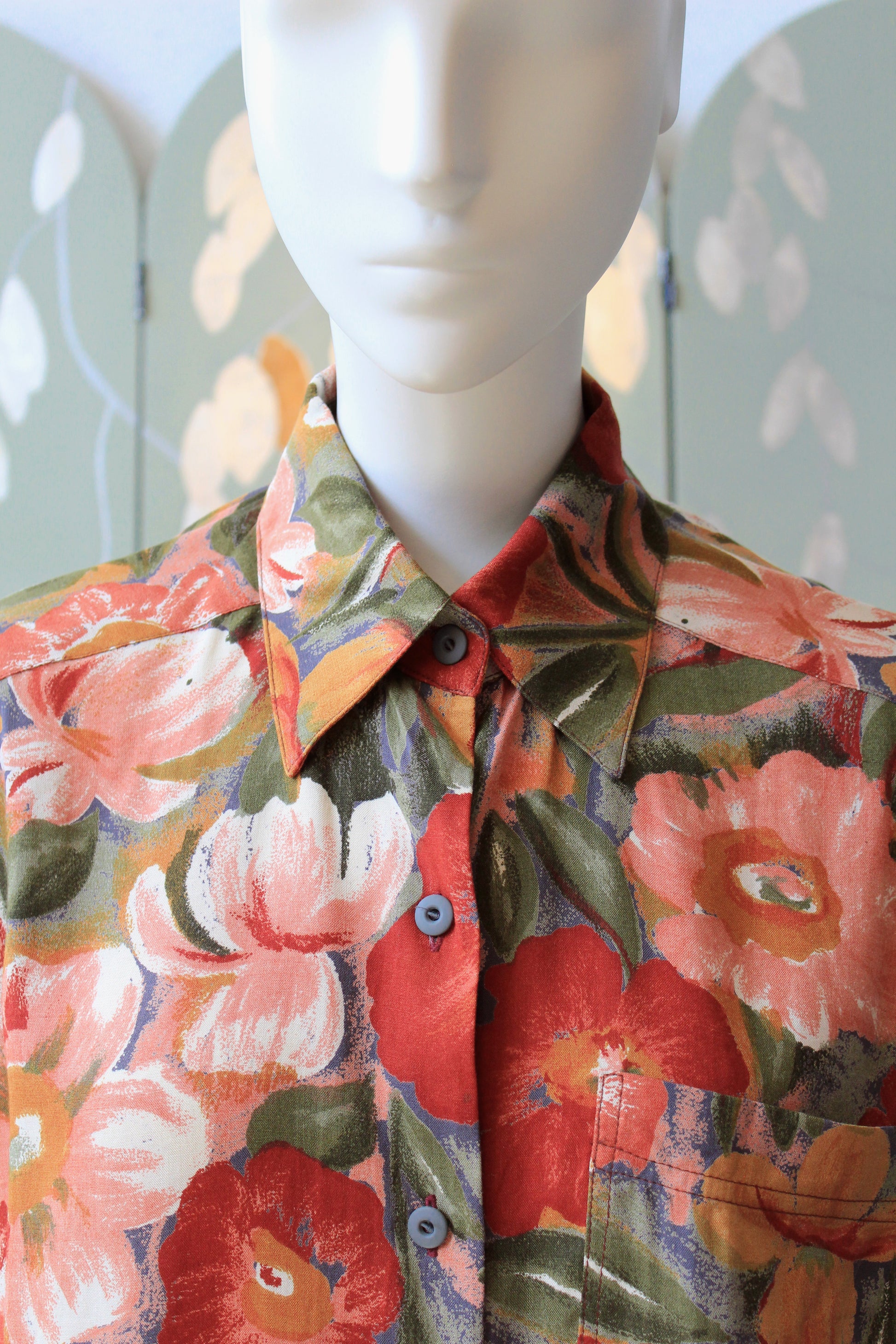 1980s Soft Rayon Floral Long Sleeve Blouse, XL