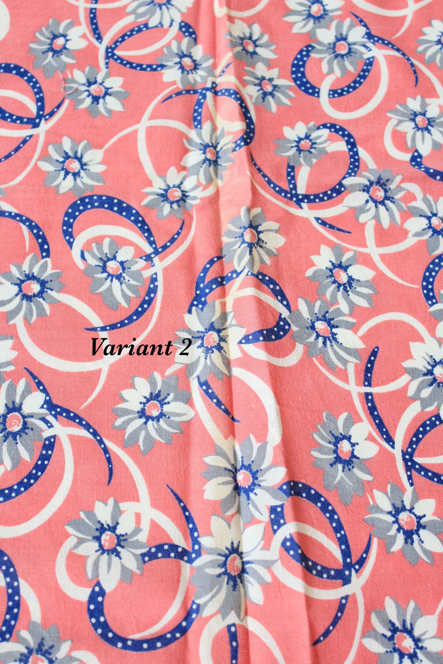 1940s Pink And Blue Floral Feedsack With Illustrated Ribbon, Vintage Summer Sewing/Quilting Fabric