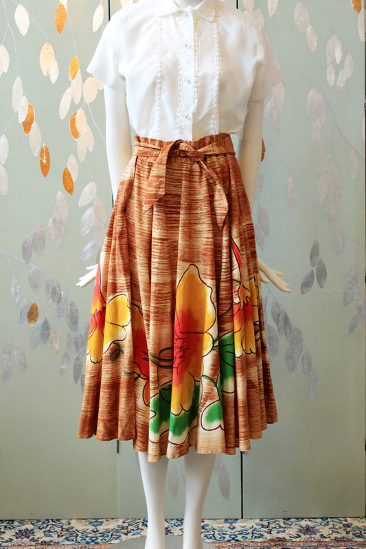 1950s Handpainted Circle Skirt With Tropical Flowers In Orange And Yellow, S/M