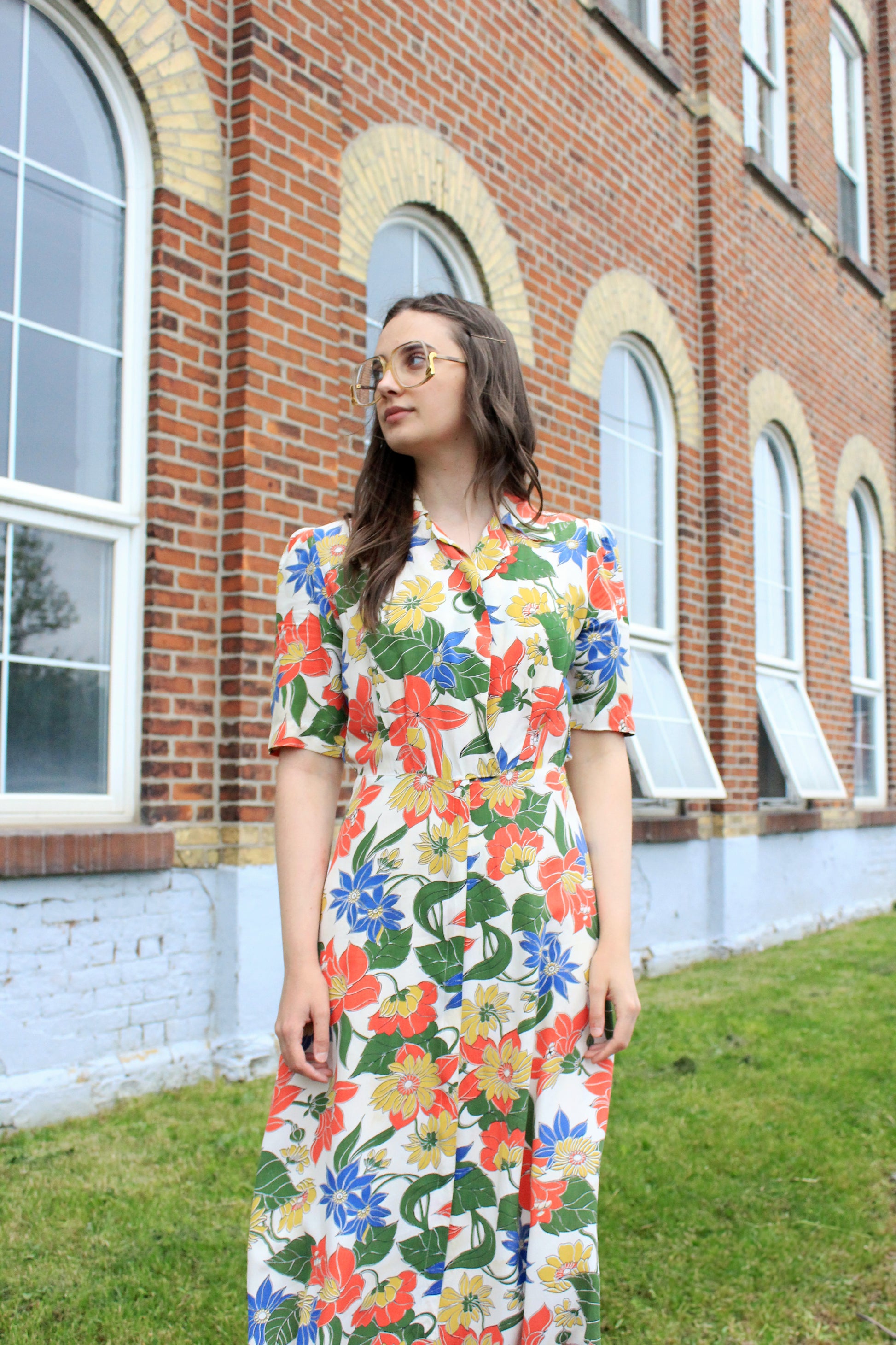 Vintage 1930s Tropical Floral Print Short Sleeve Maxi Hostess Gown, Small 