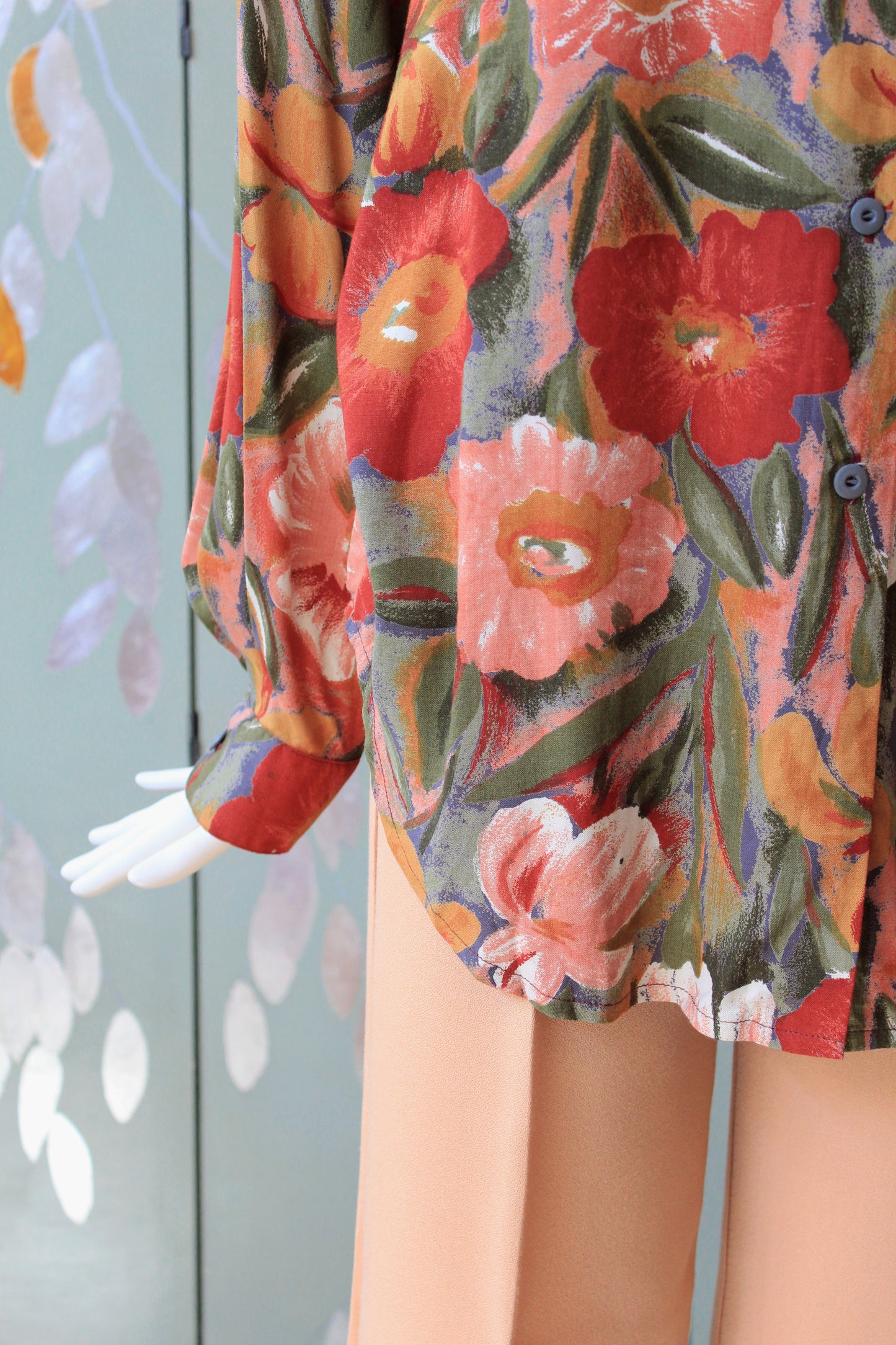  1980s Soft Rayon Floral Long Sleeve Blouse, XL