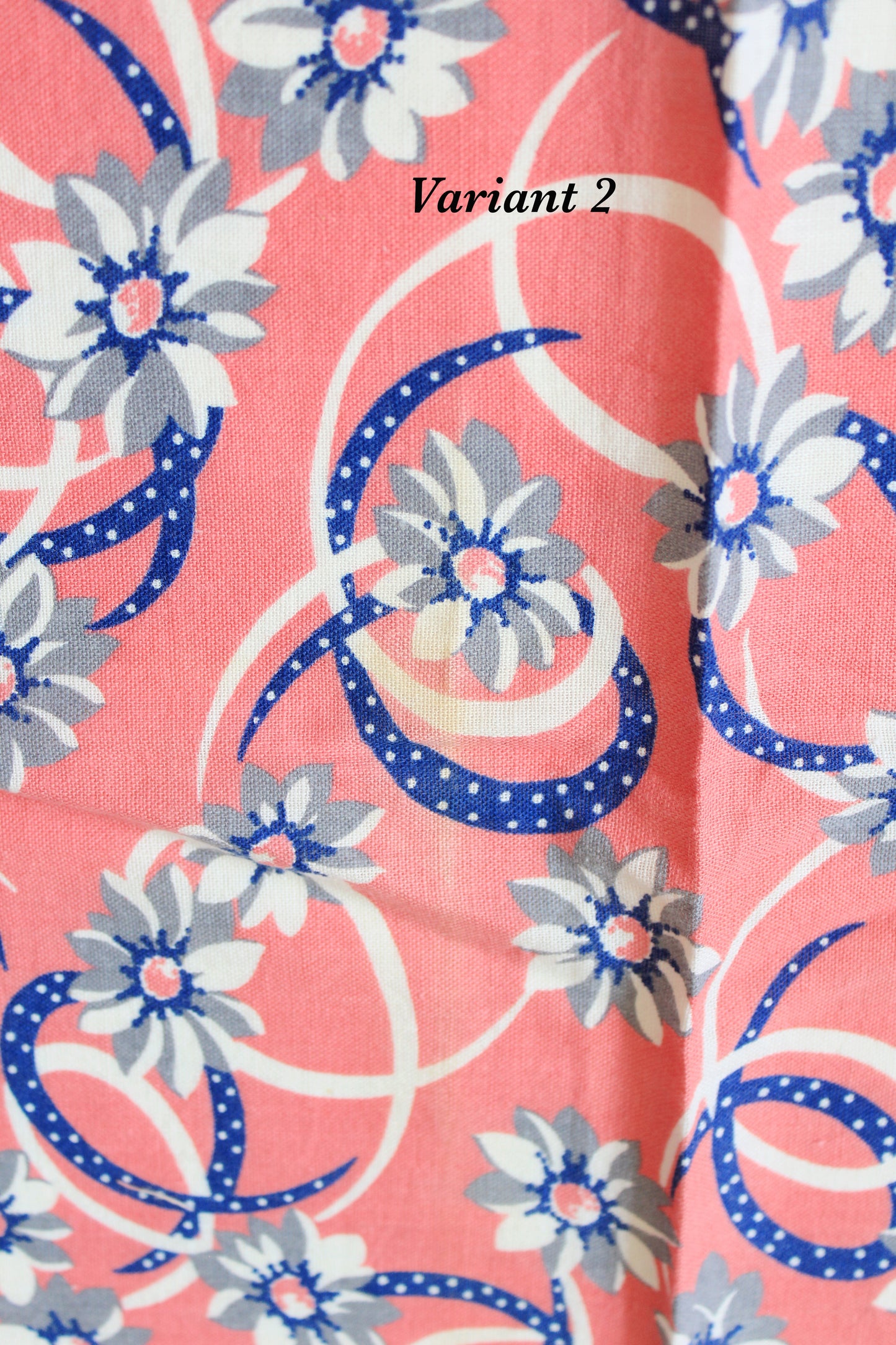 1940s Pink And Blue Floral Feedsack With Illustrated Ribbon, Vintage Summer Sewing/Quilting Fabric